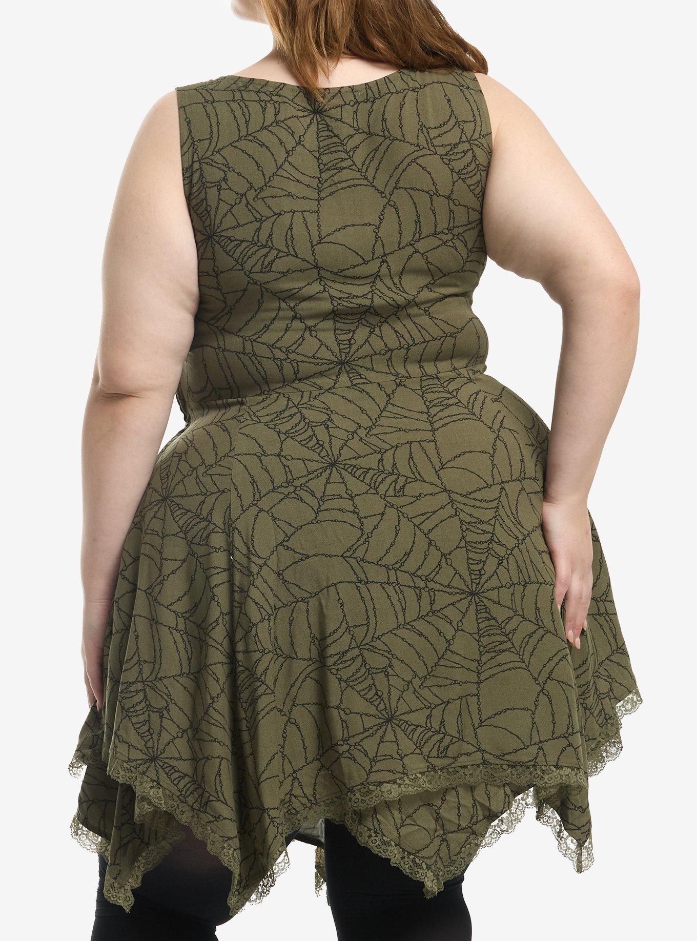 Cosmic Aura Green Chain Spiderweb Hanky Hem Dress Plus Size, MULTI, alternate