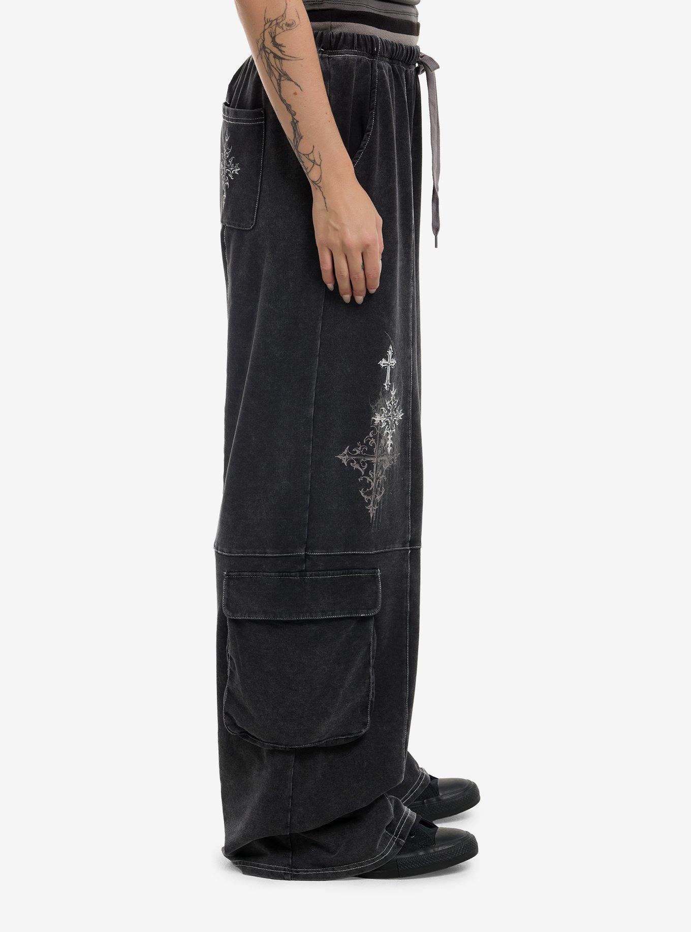 Grey Gothic Cross Cargo Wide Leg Sweatpants, MULTI, alternate