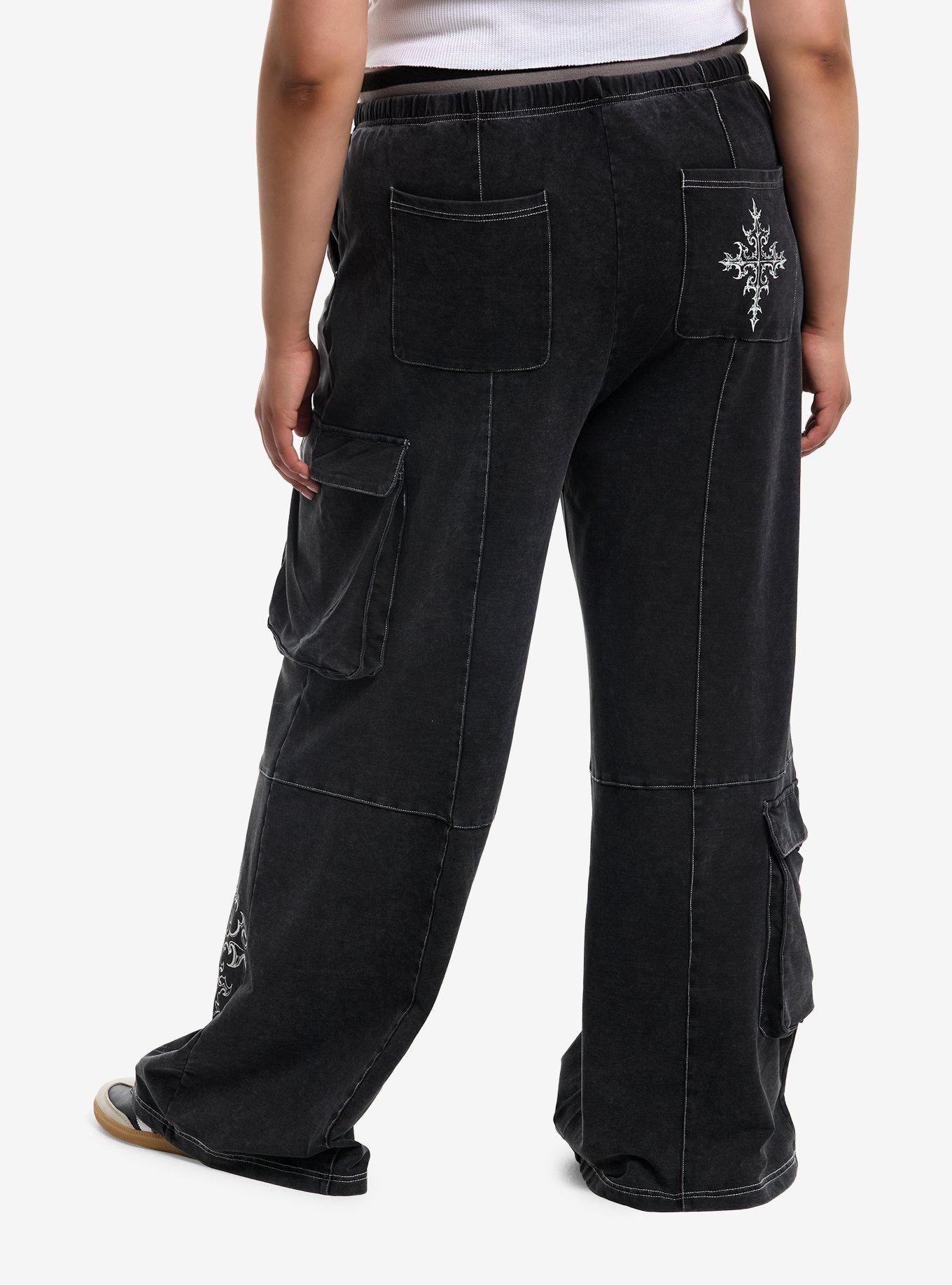 Grey Gothic Cross Cargo Girls Wide Leg Sweatpants Plus Size, , hi-res