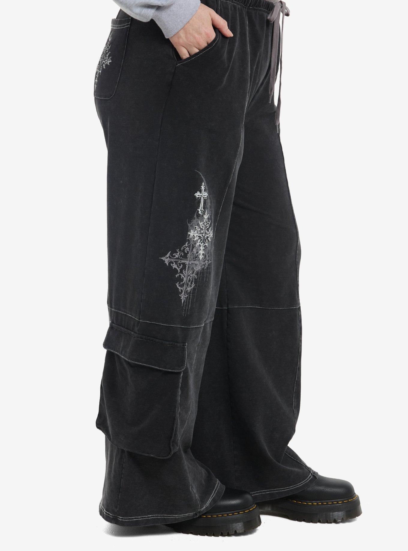 Grey Gothic Cross Cargo Girls Wide Leg Sweatpants Plus Size, MULTI, alternate