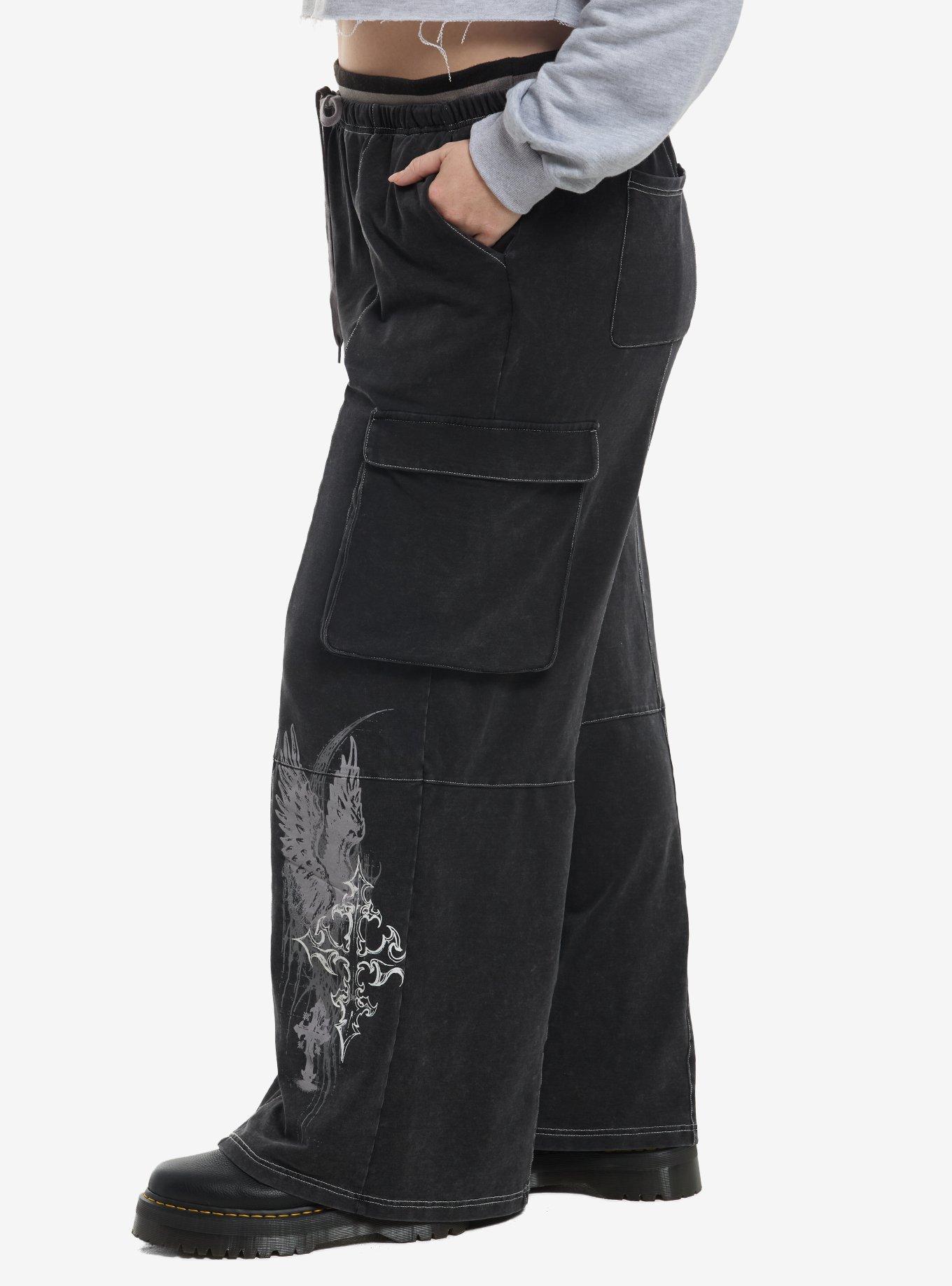 Grey Gothic Cross Cargo Girls Wide Leg Sweatpants Plus Size, MULTI, alternate