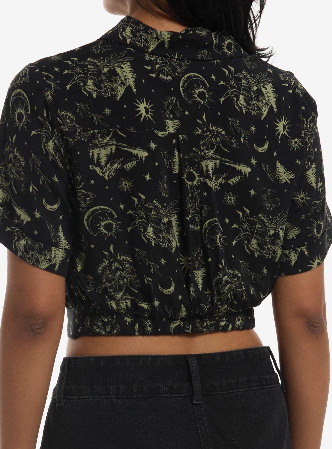 Thorn & Fable Cryptid Forest Girls Crop Woven Button-Up, MULTI, alternate