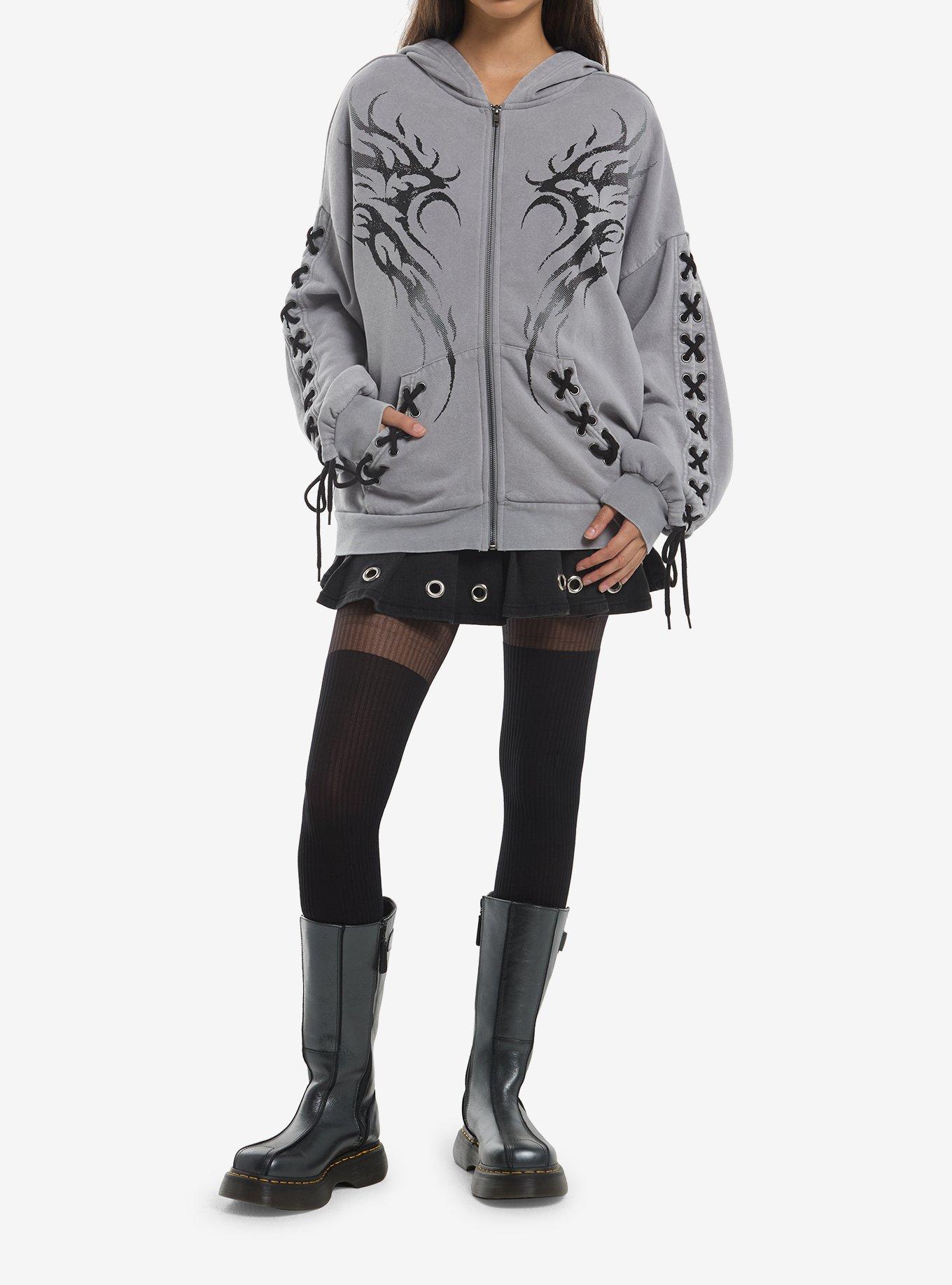 Social Collision Grey & Black Cyber Lace-Up Girls Hoodie, MULTI, alternate