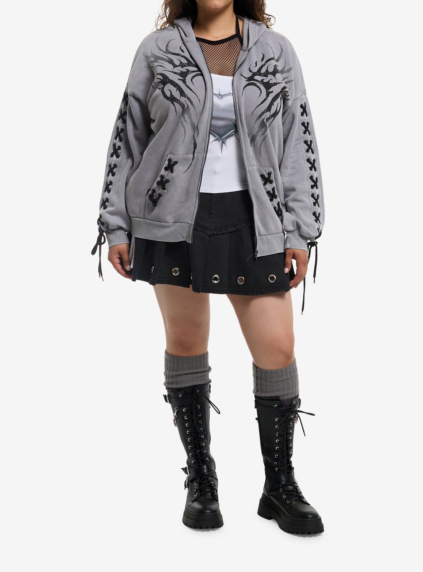 Social Collision Grey & Black Tribal Lace-Up Girls Hoodie Plus Size, MULTI, alternate