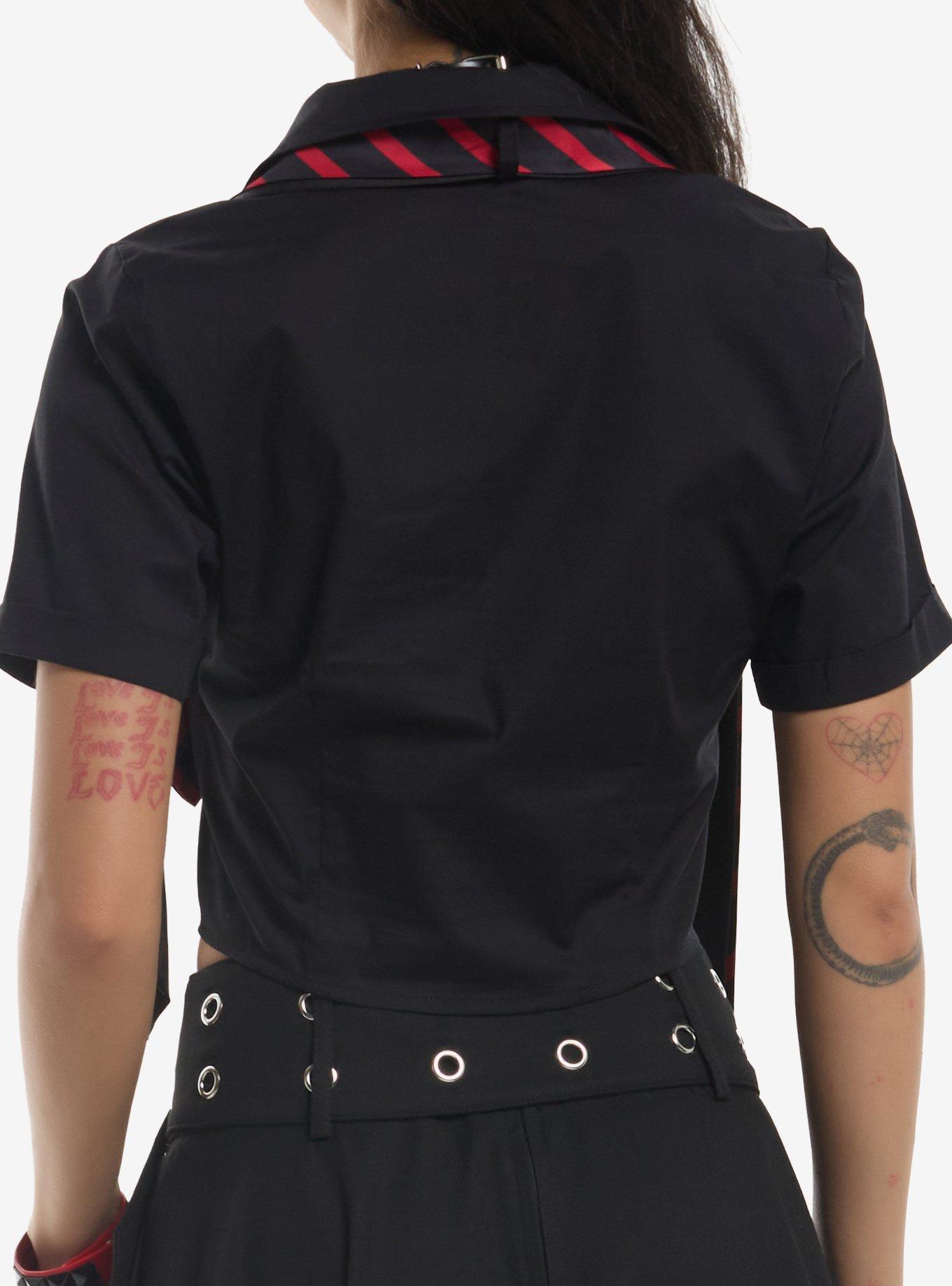 Social Collision Black & Red Stripe Tie Girls Crop Woven Button-Up, MULTI, alternate