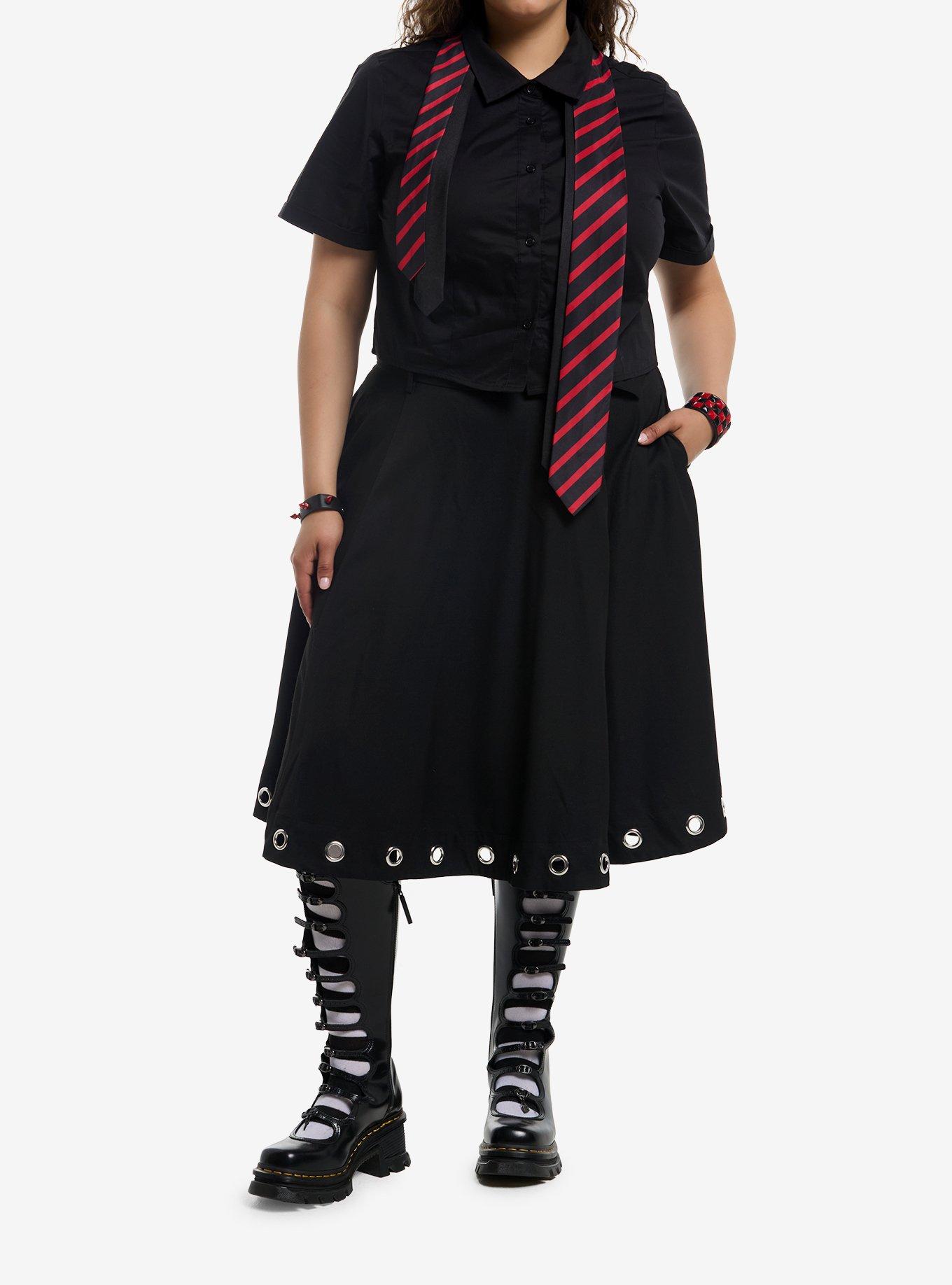 Social Collision Black & Red Stripe Tie Girls Crop Woven Button-Up Plus Size, , hi-res