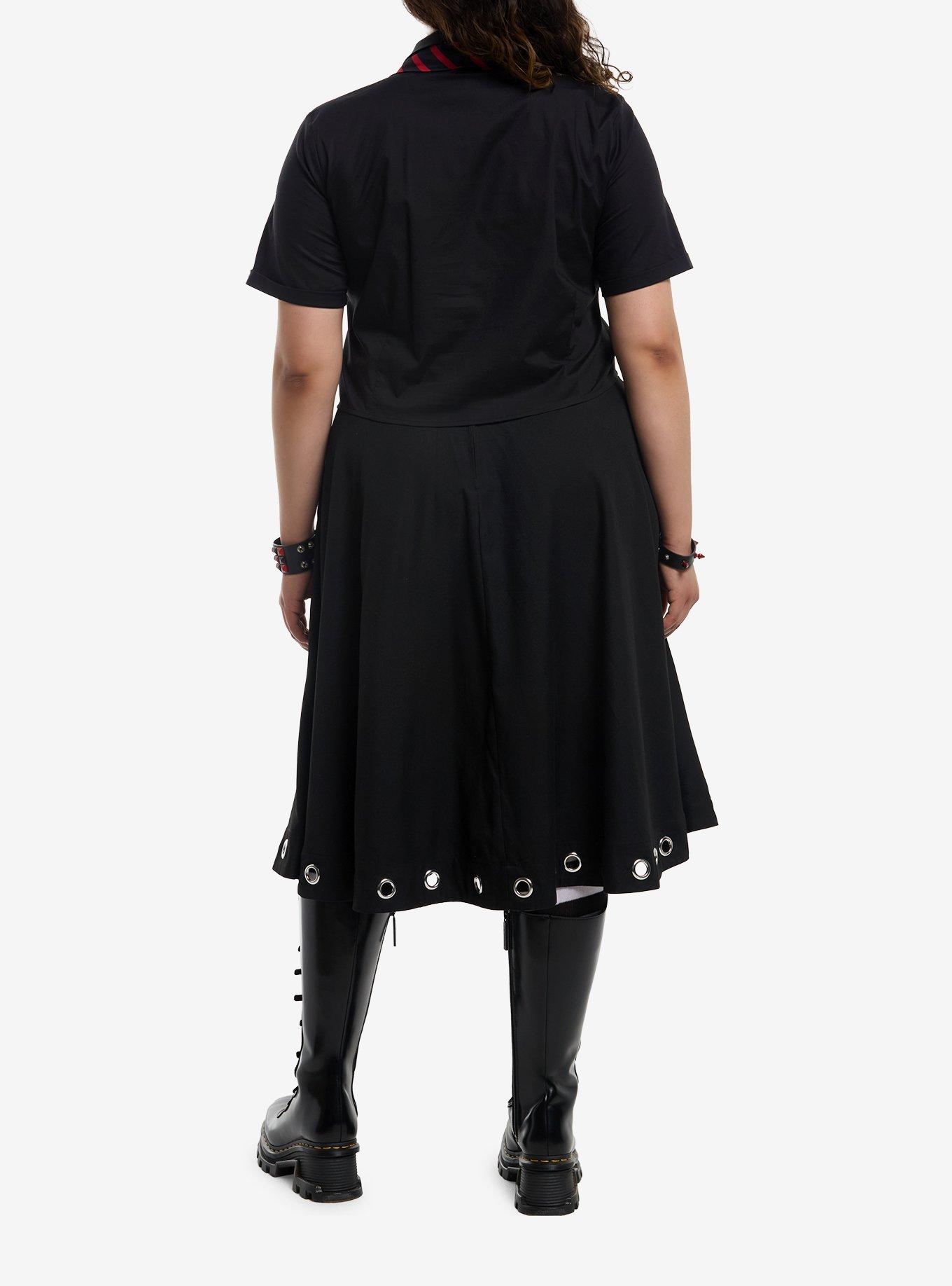 Social Collision Black & Red Stripe Tie Girls Crop Woven Button-Up Plus Size, MULTI, alternate