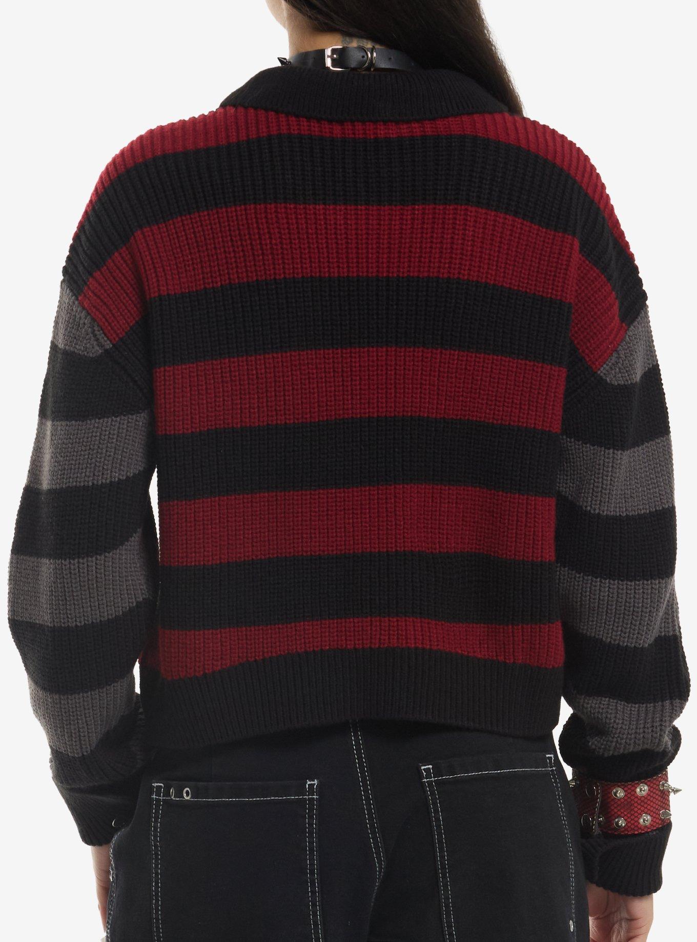 Social Collision Black Grey & Red Stripe Girls Crop Sweater, , hi-res