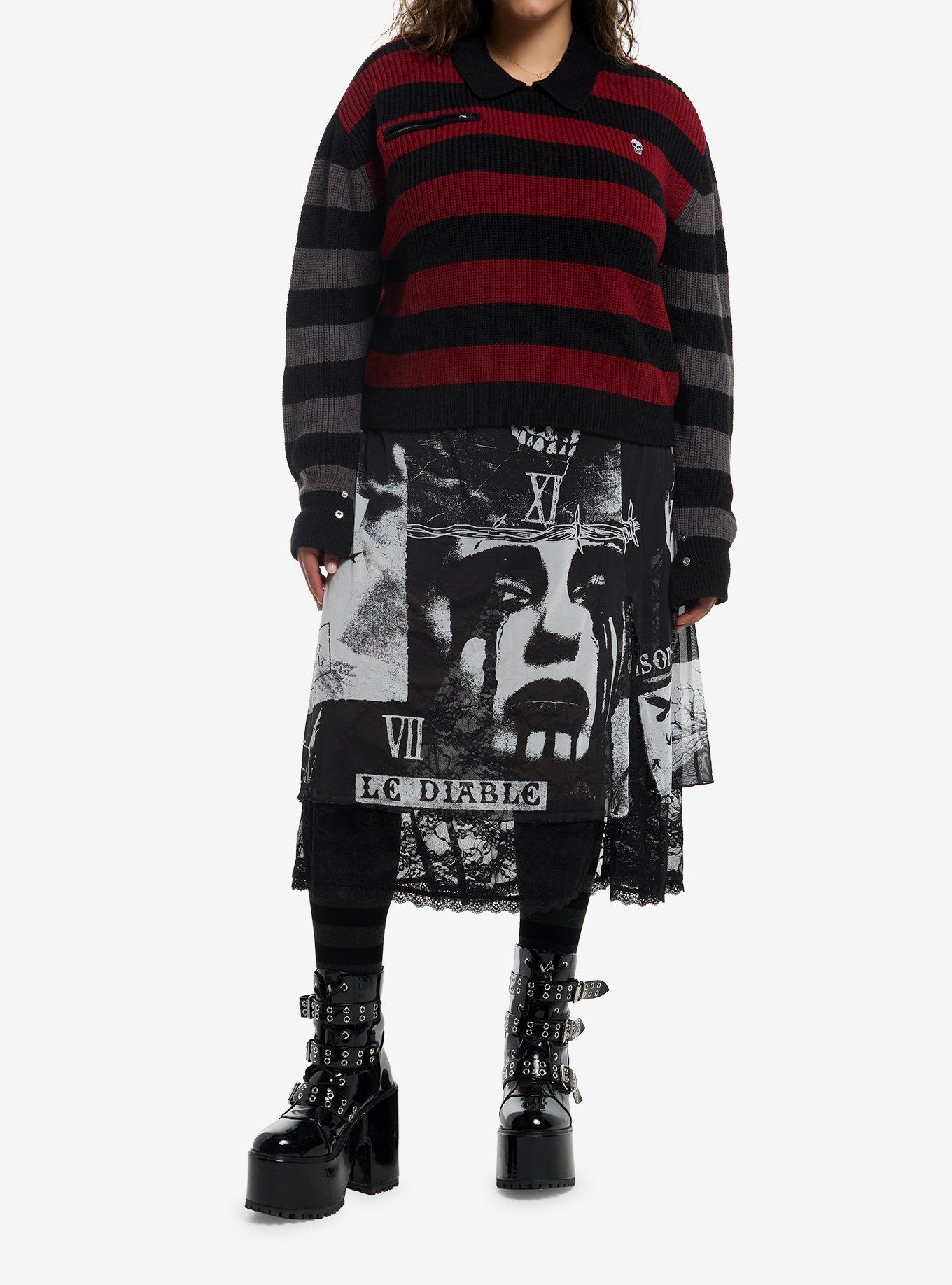 Social Collision Black Grey & Red Stripe Girls Crop Sweater Plus Size, , hi-res