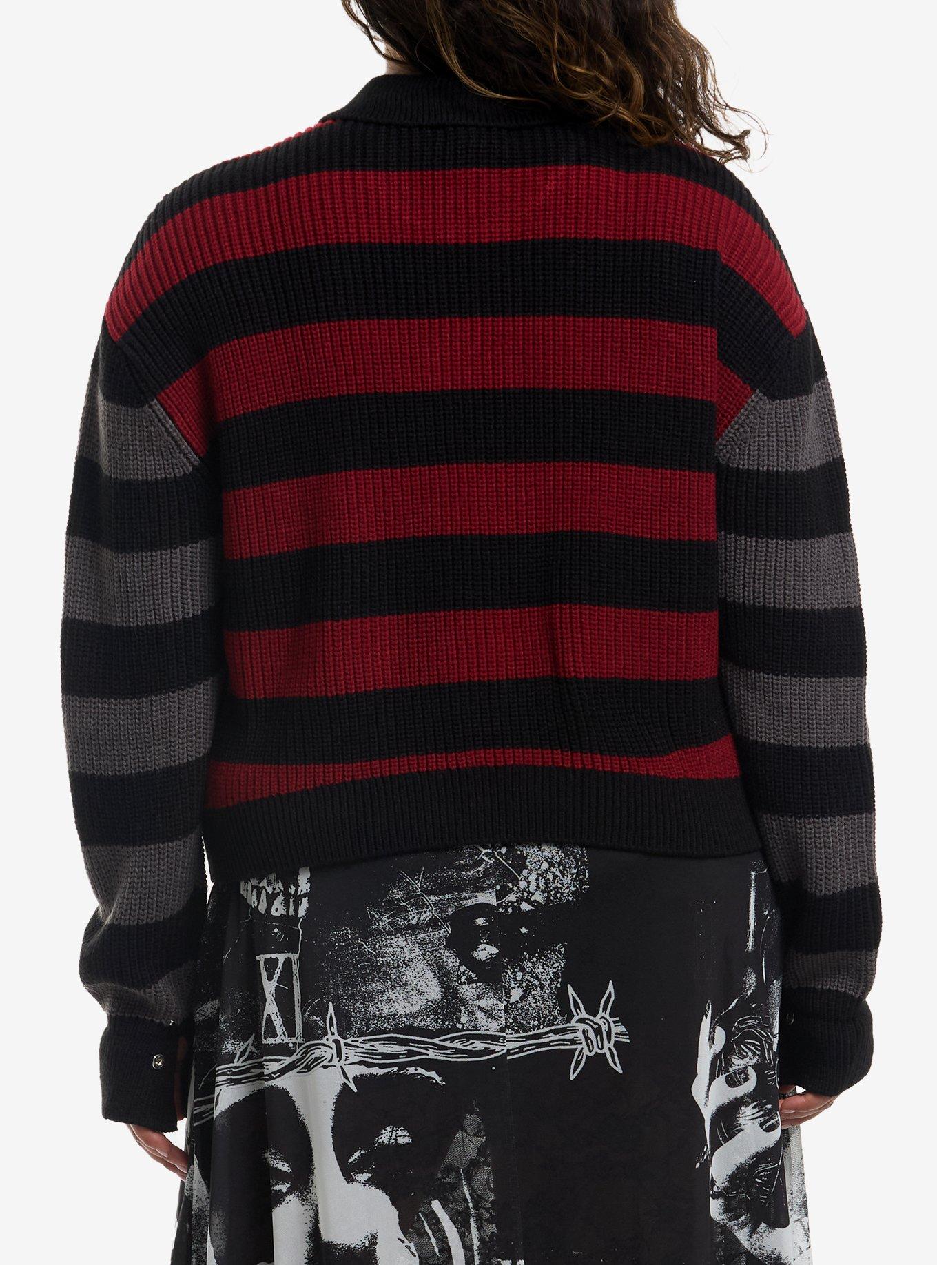 Social Collision Black Grey & Red Stripe Girls Crop Sweater Plus Size, MULTI, alternate