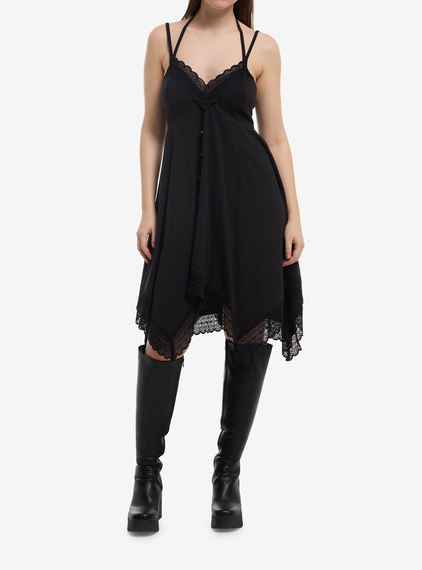 Black Lace Hanky Hem Halter Dress, , hi-res