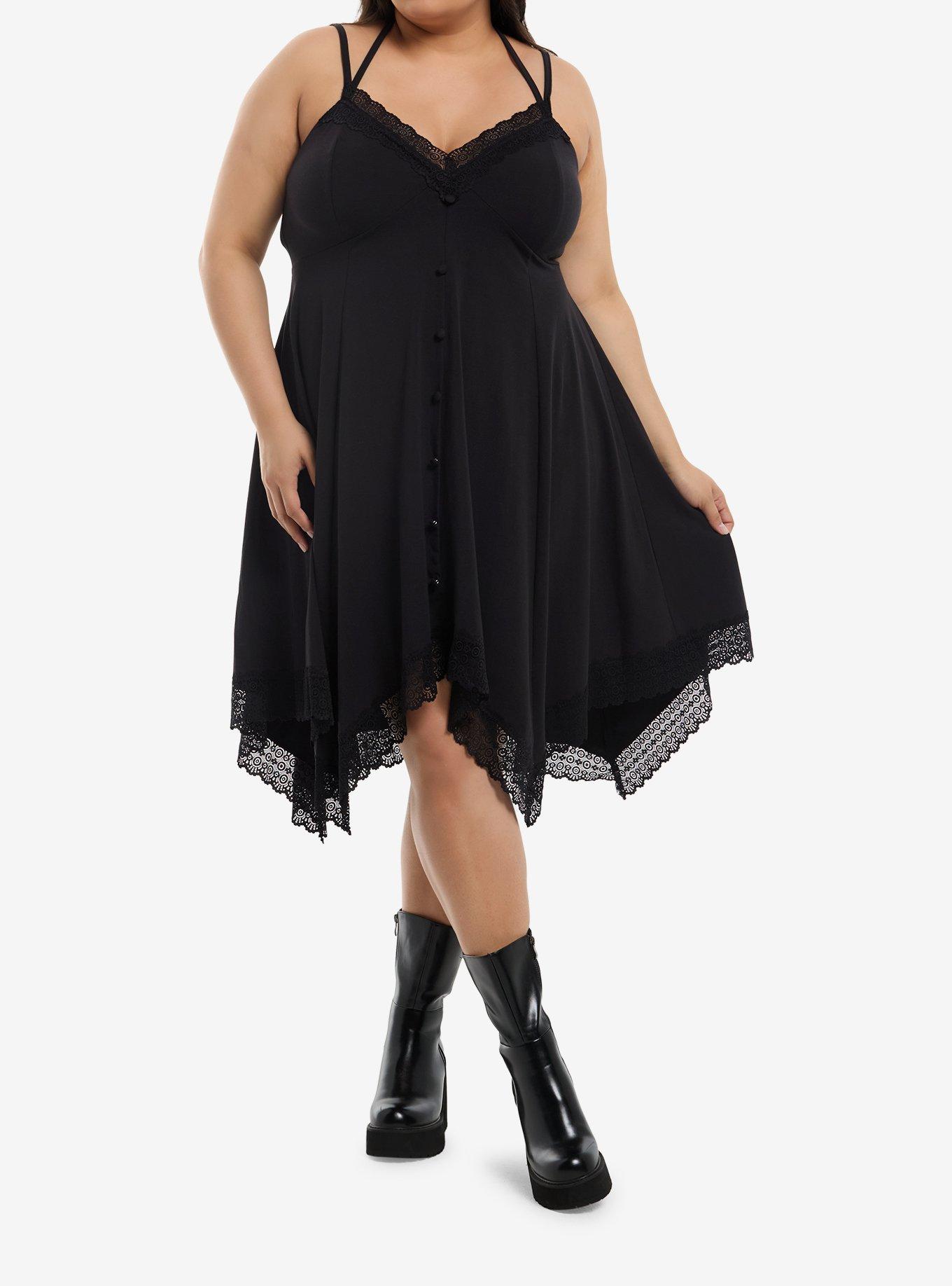 Black Lace Hanky Hem Halter Dress Plus Size, , hi-res