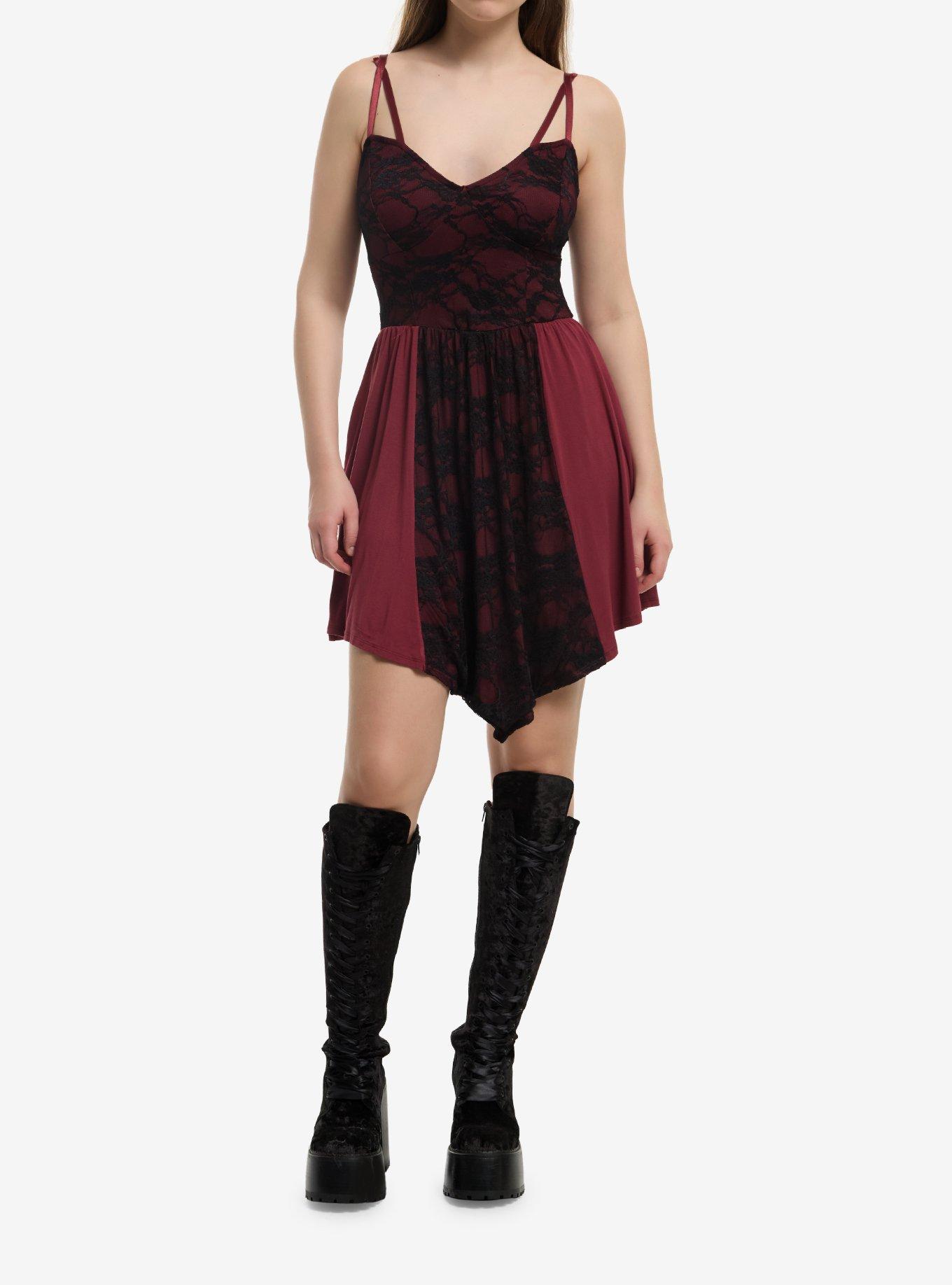 Maroon & Black Lace Panel Cami Dress, , hi-res