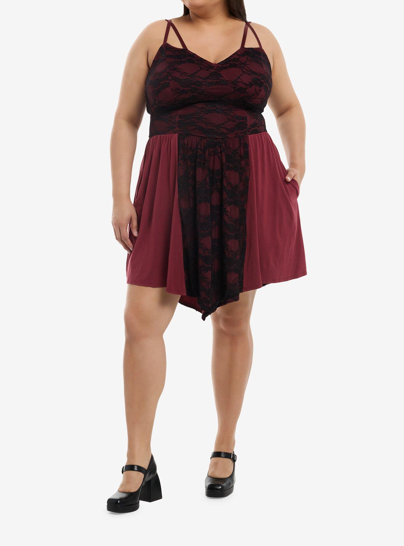Maroon & Black Lace Panel Cami Dress Plus Size, , hi-res