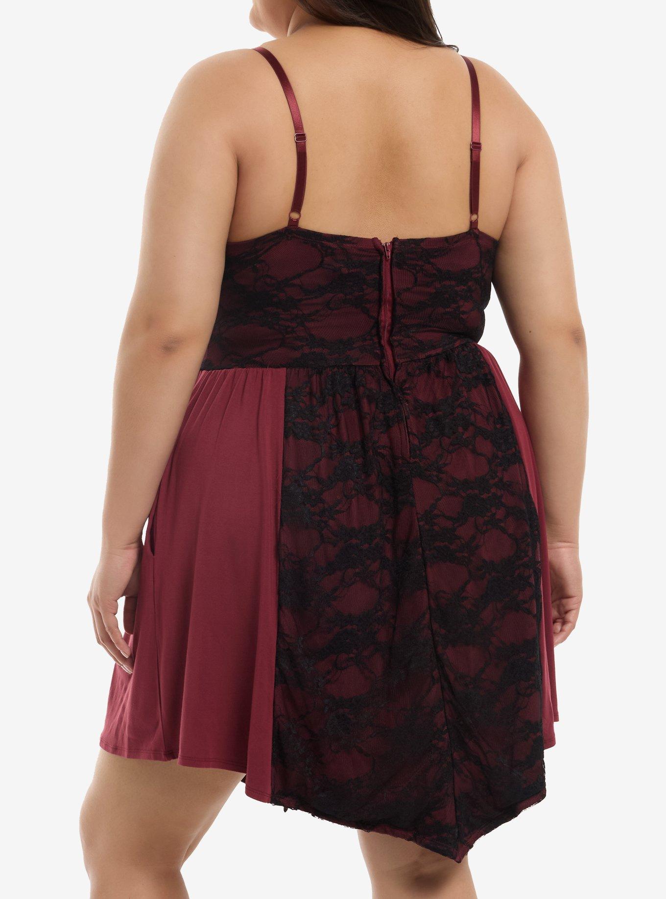 Maroon & Black Lace Panel Cami Dress Plus Size, MULTI, alternate