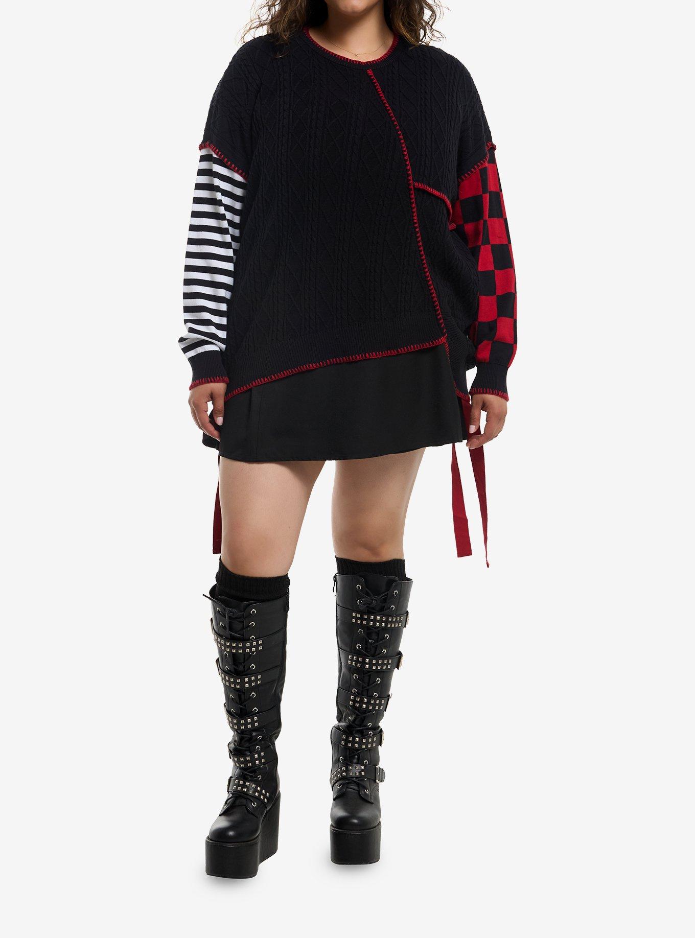 Social Collision Patchwork Asymmetrical Girls Sweater Plus Size, , hi-res