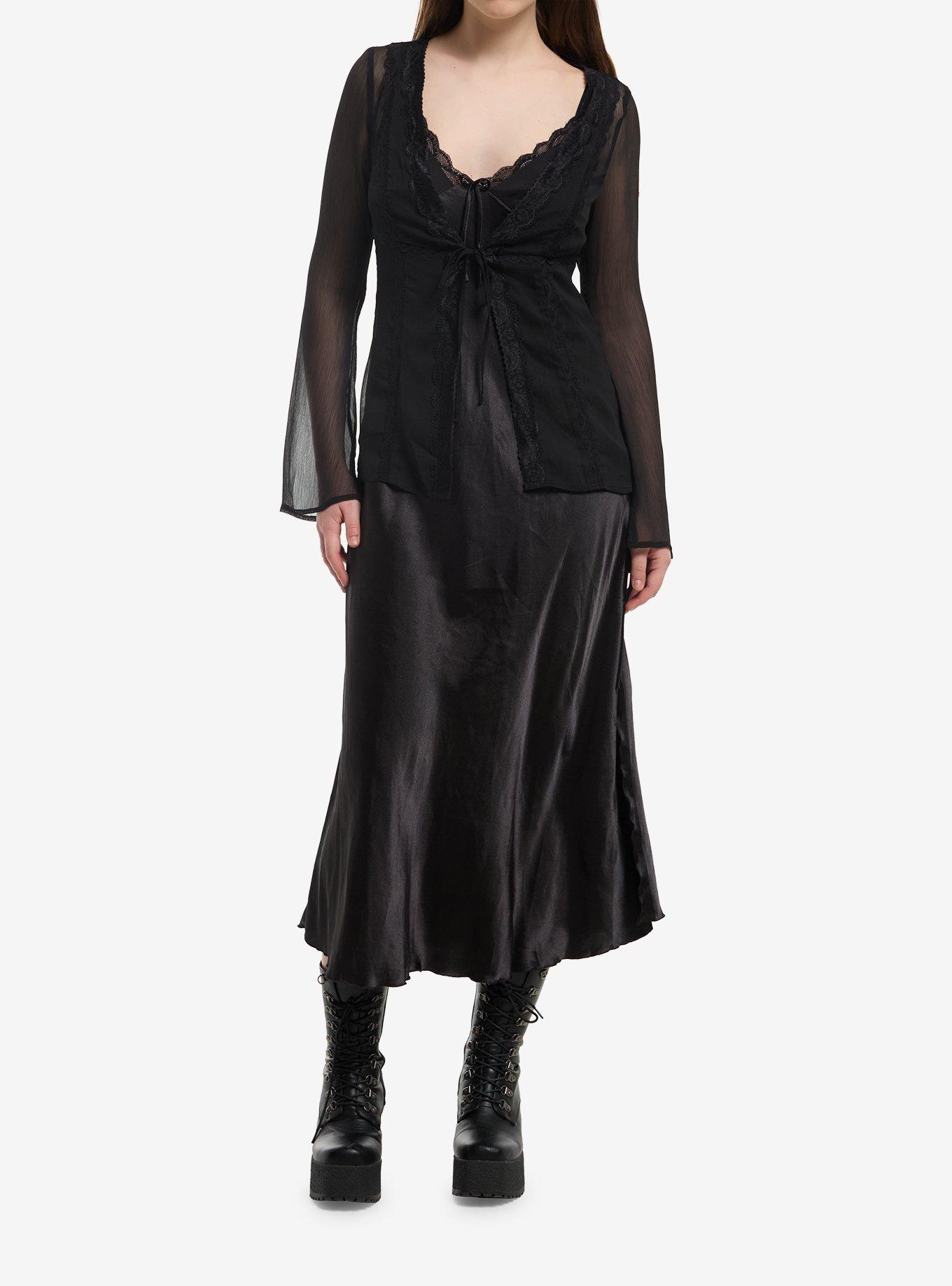 Black Lace Girls Tie-Front Top, , hi-res