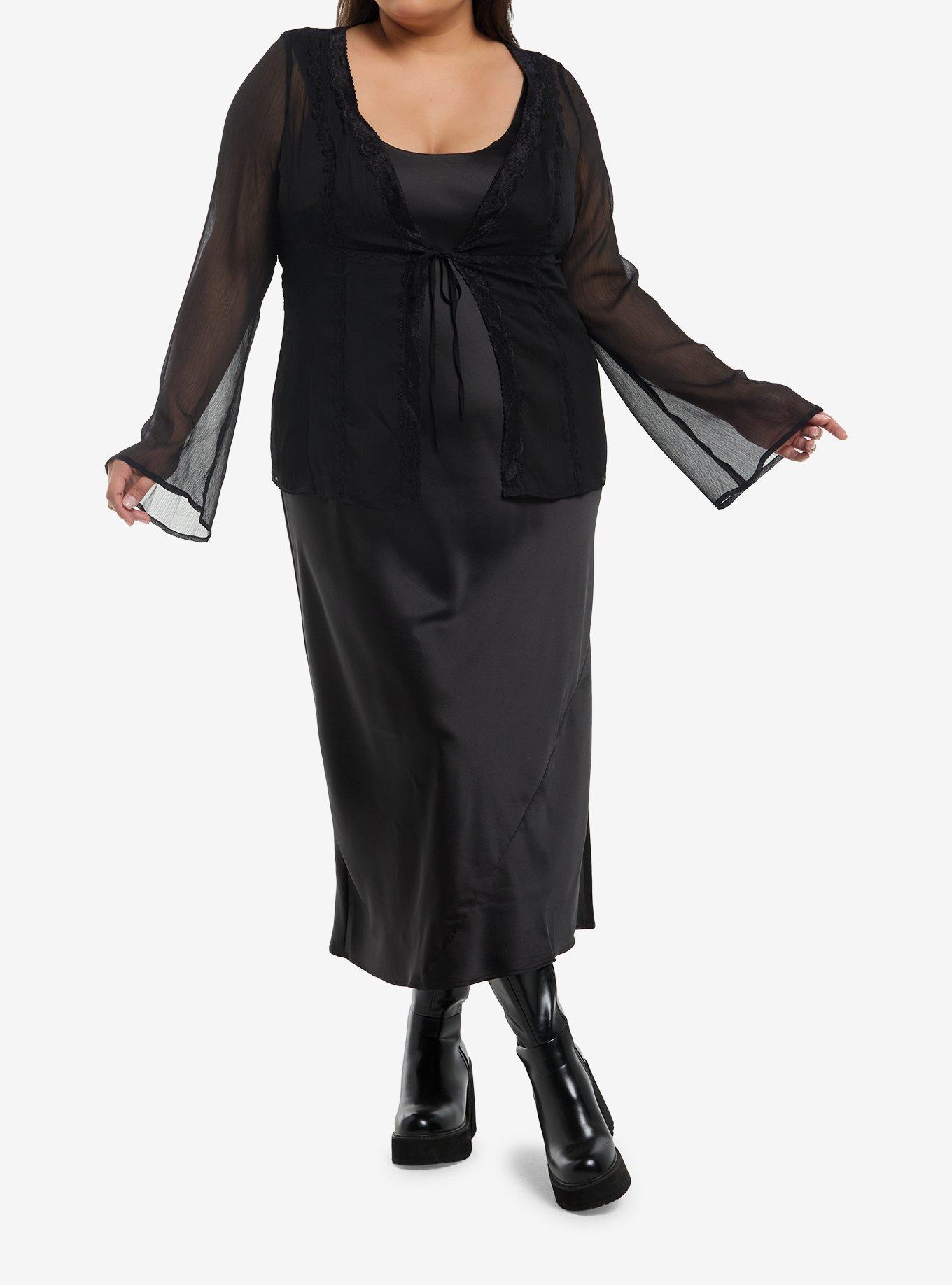 Black Lace Girls Tie-Front Top Plus Size, , hi-res