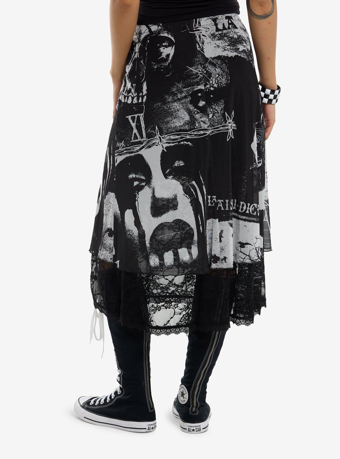 Social Collision Punk Collage Lace Layered Midi Skirt, , hi-res