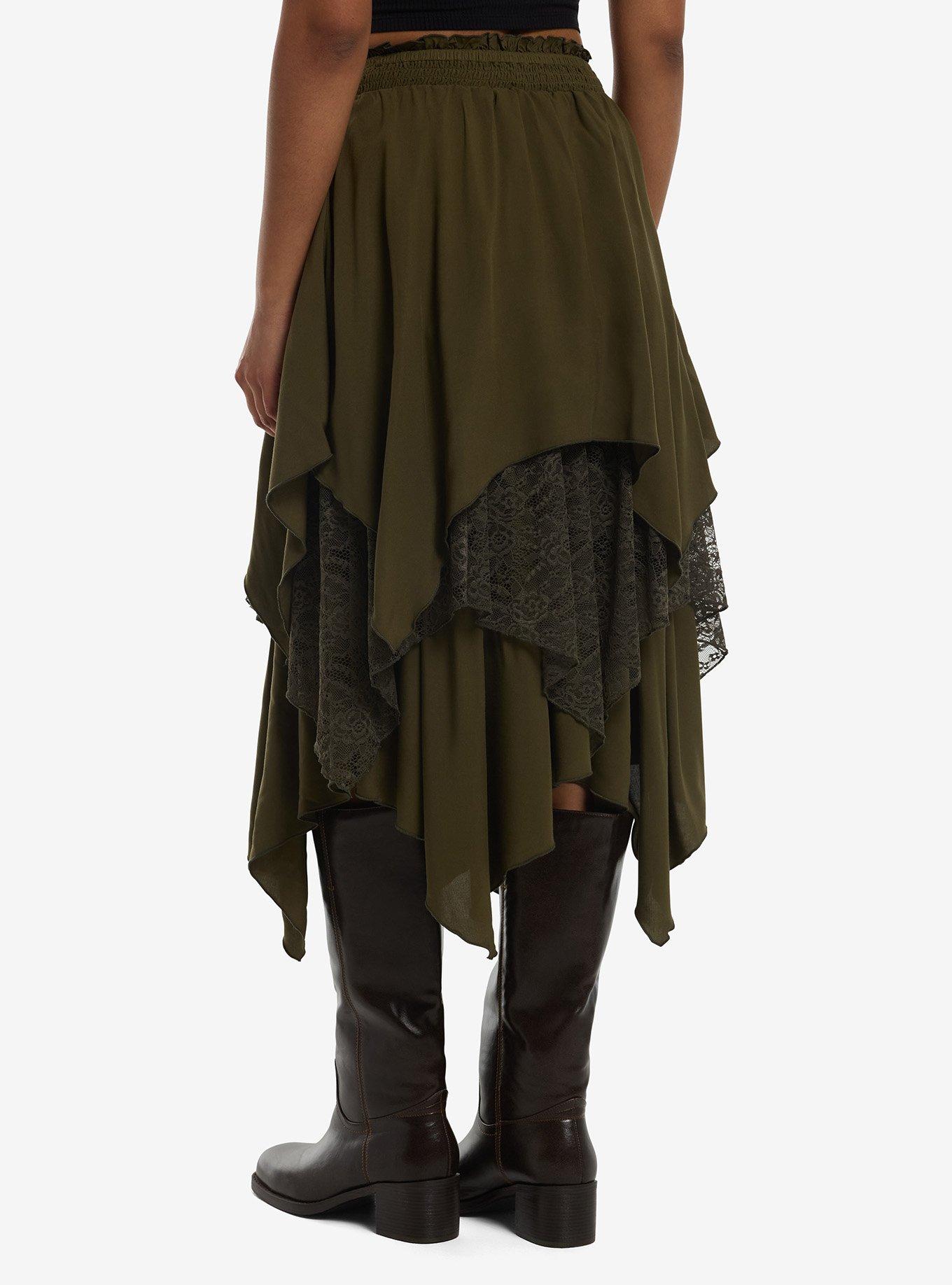 Thorn & Fable Dark Olive Lace Layered Midi Skirt, , hi-res