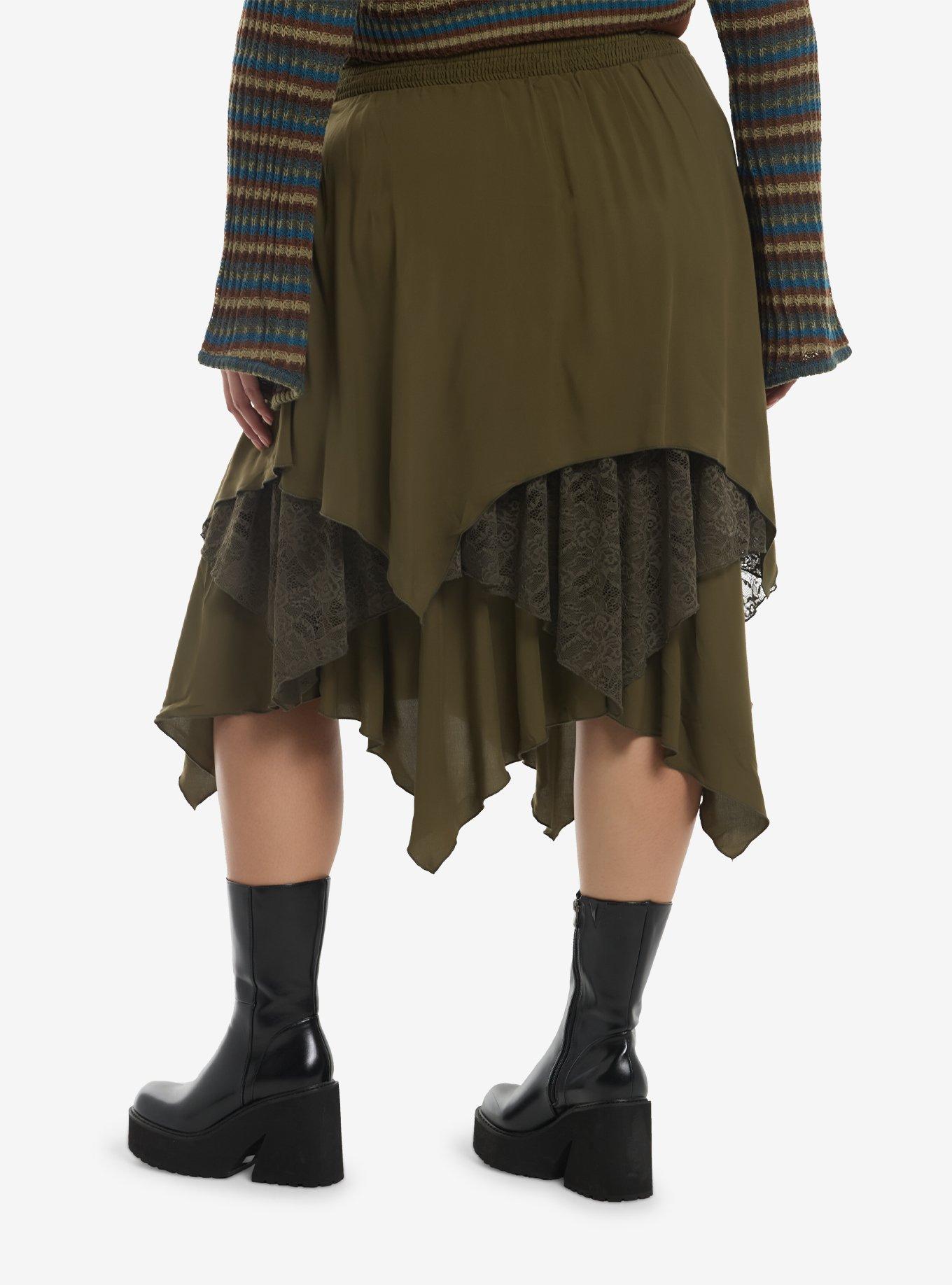 Thorn & Fable Dark Olive Lace Layered Midi Skirt Plus Size, , hi-res