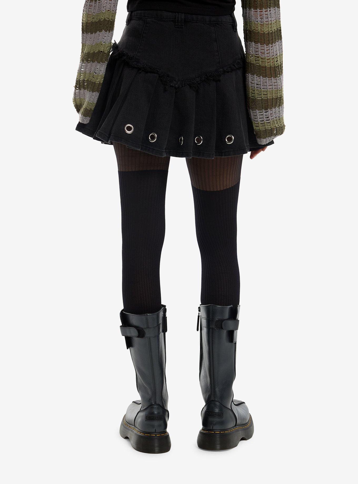 Social Collision Washed Black Grommet Pleated Mini Skirt, , hi-res