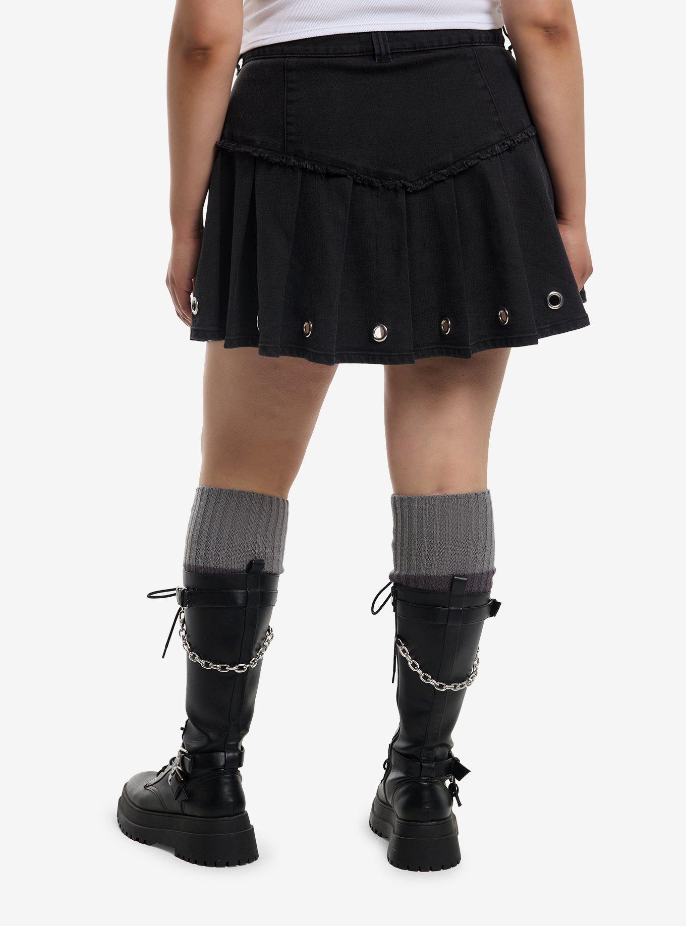 Social Collision Washed Black Grommet Pleated Mini Skirt Plus Size, , hi-res