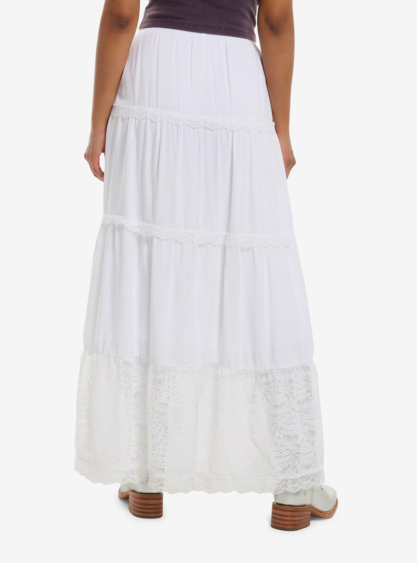 Thorn & Fable White Lace Trim Tiered Maxi Skirt, , hi-res
