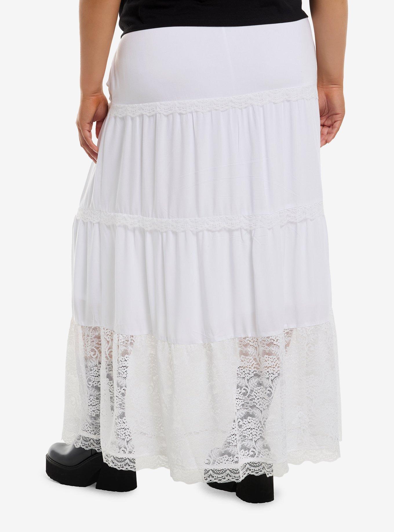 Thorn & Fable White Lace Trim Tiered Maxi Skirt Plus Size, , hi-res
