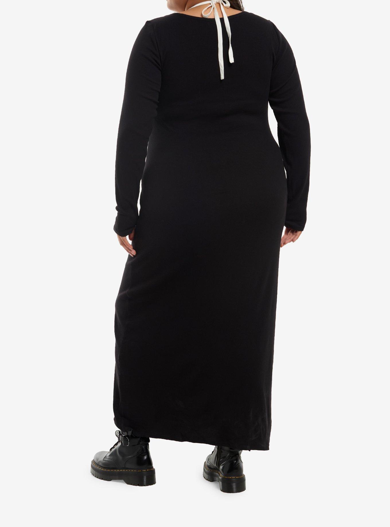 Black Halter Long-Sleeve Maxi Dress Plus Size, , hi-res