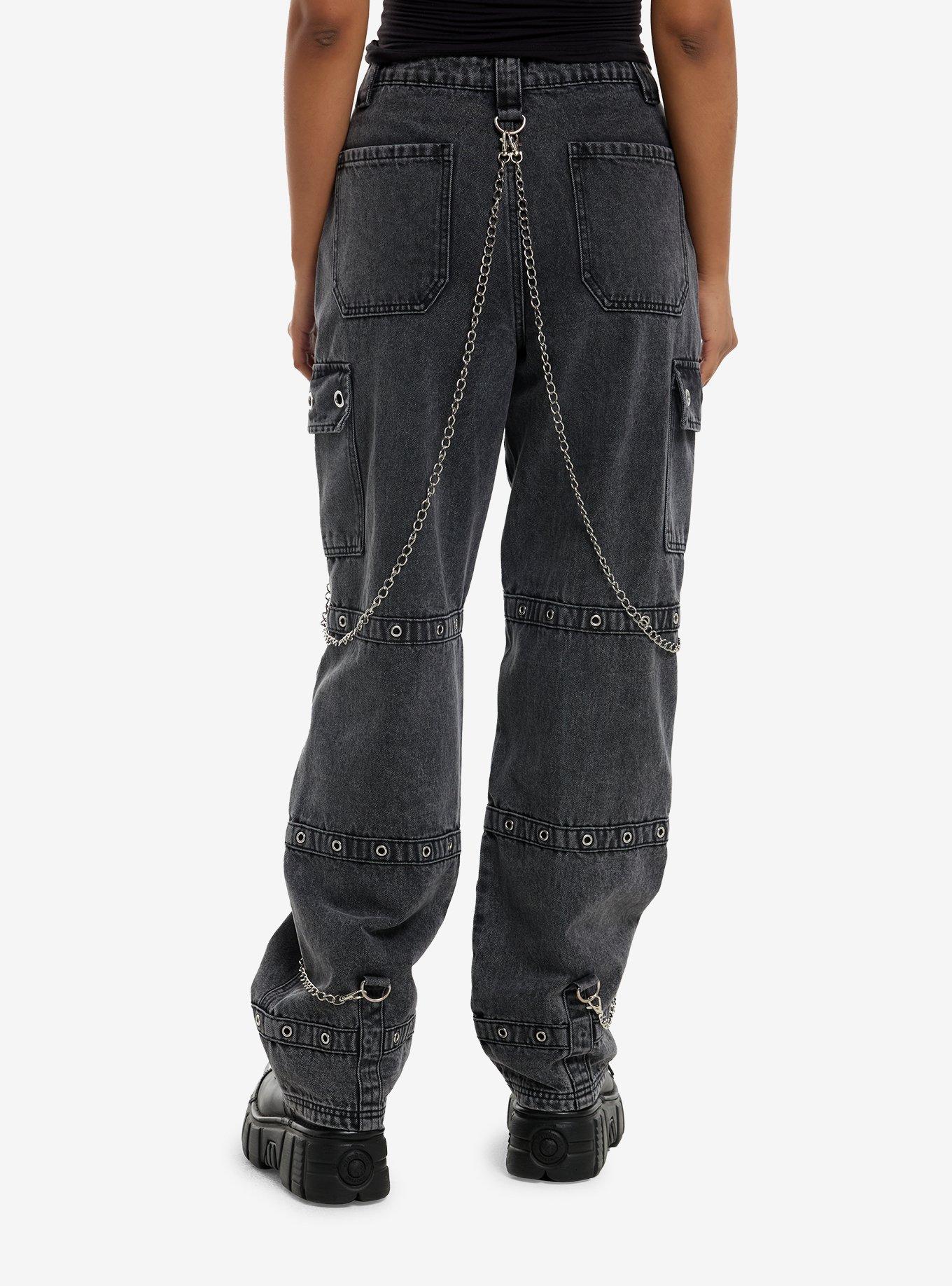 Grey Wash Grommet Strap Side Chain Carpenter Pants, MULTI, alternate