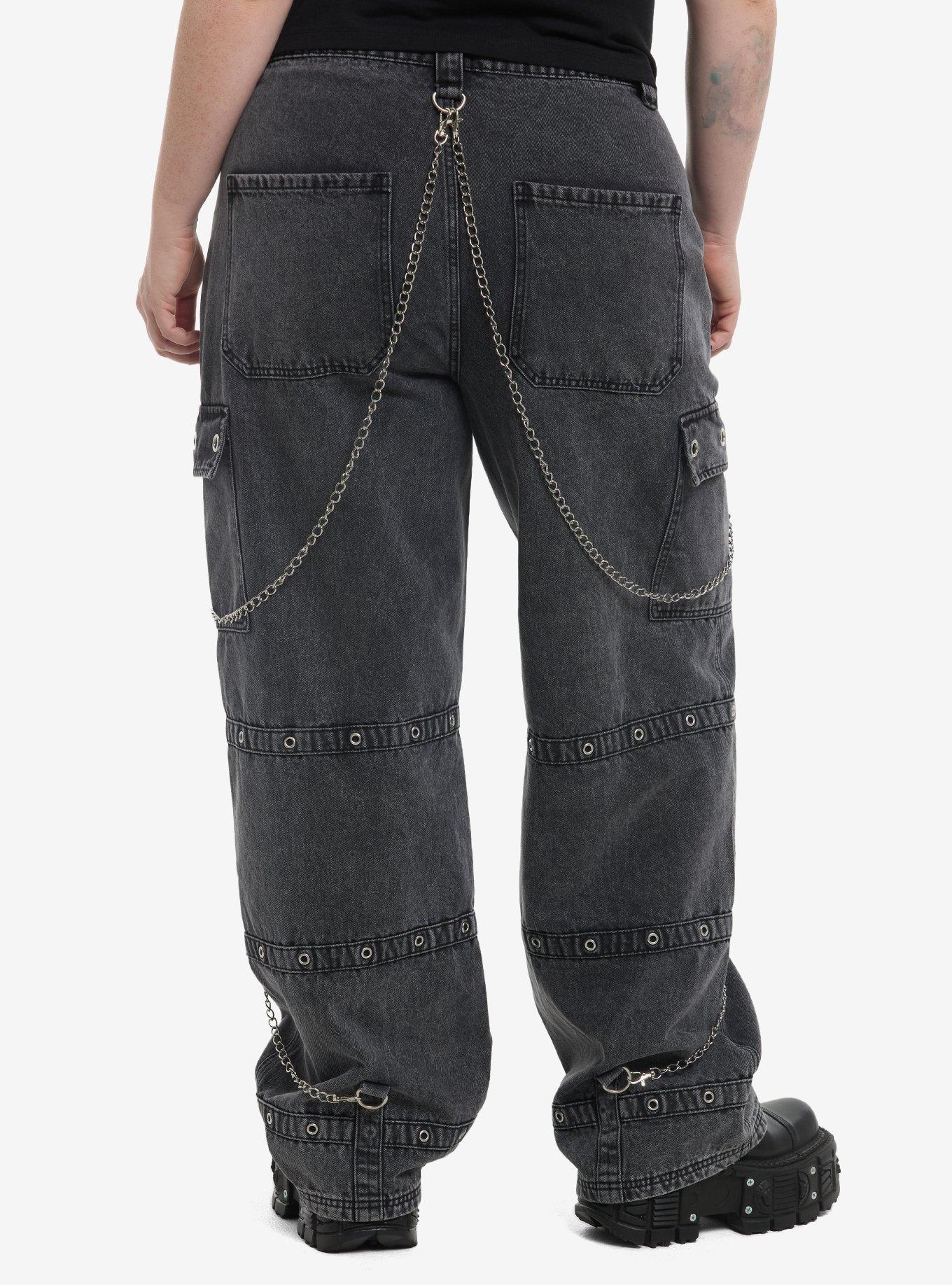 Grey Wash Grommet Strap Side Chain Carpenter Pants Plus Size, , hi-res