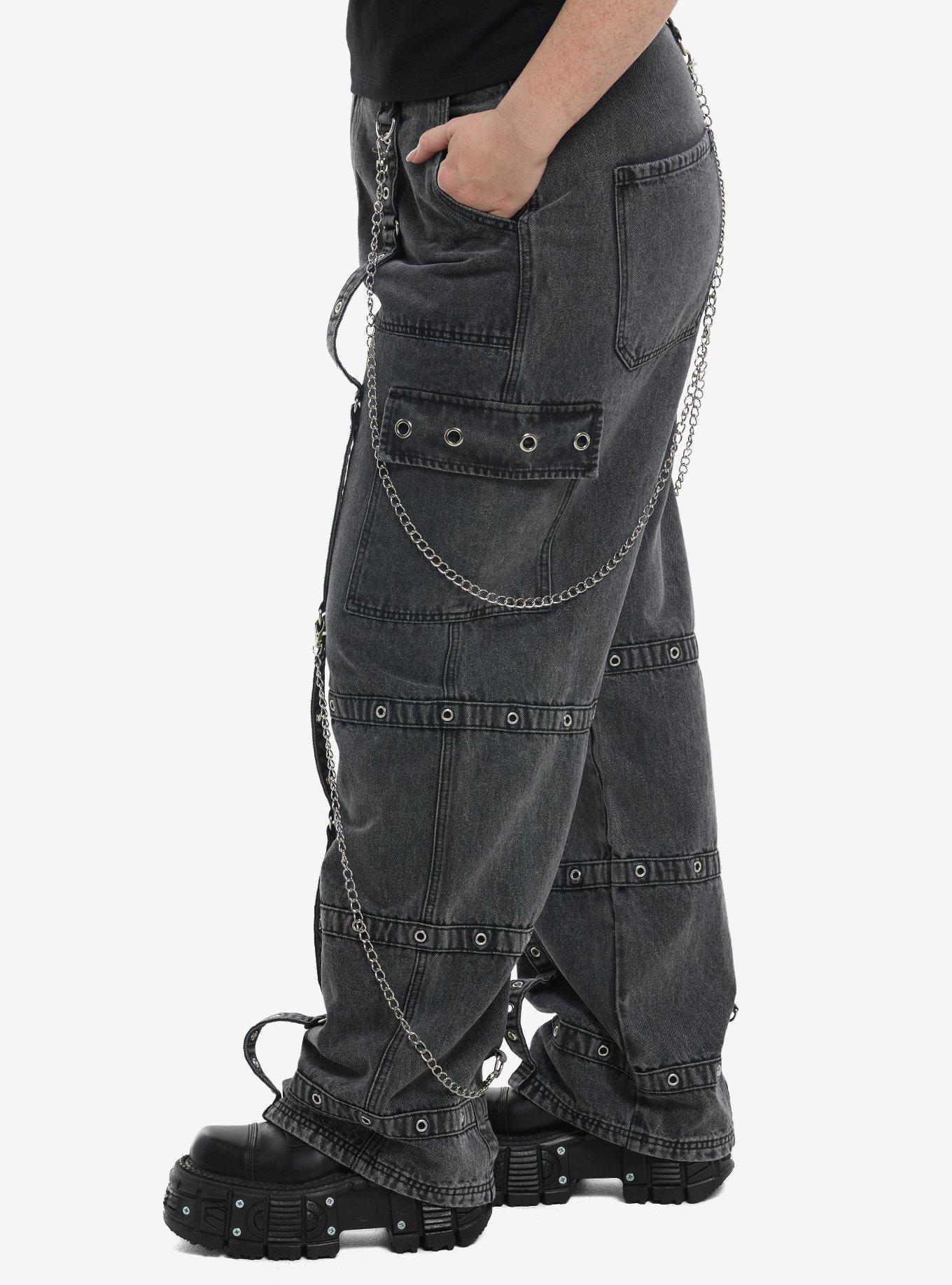 Grey Wash Grommet Strap Side Chain Carpenter Pants Plus Size, MULTI, alternate