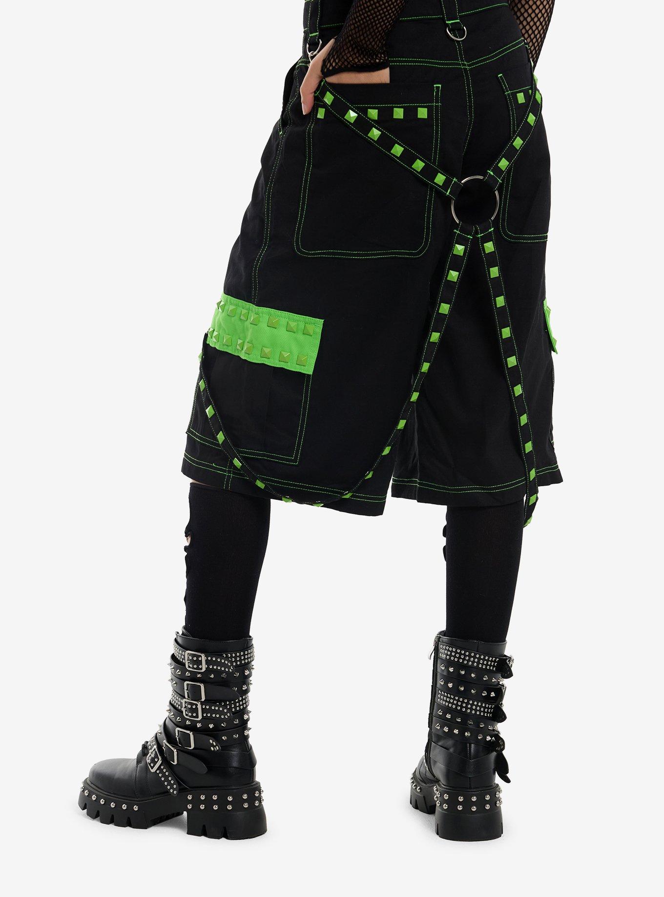 Black & Neon Green Studded Suspender Girls Jorts, , hi-res