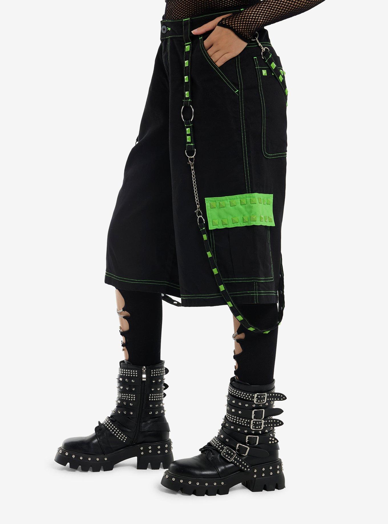 Black & Neon Green Studded Suspender Girls Jorts, MULTI, alternate