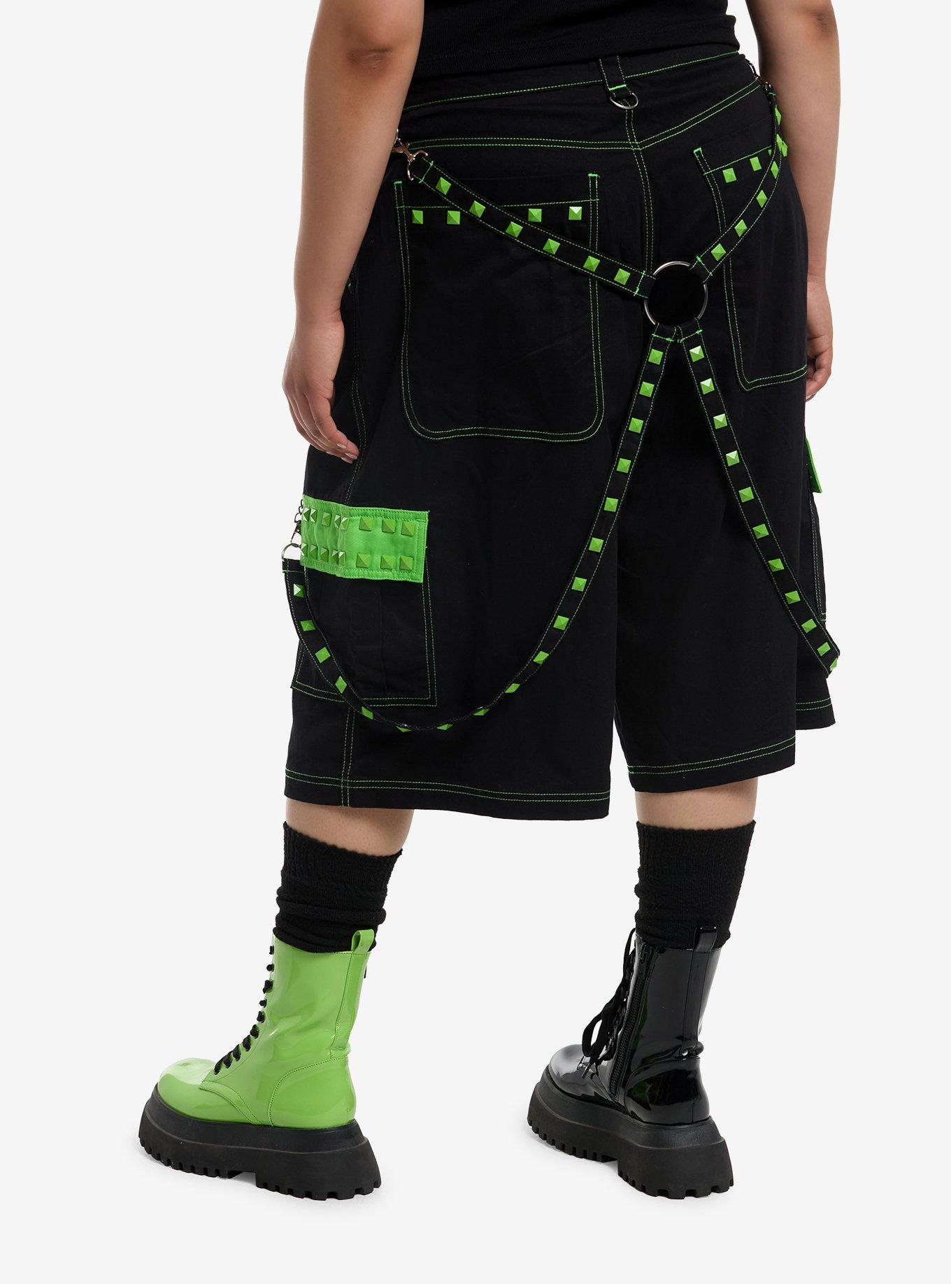 Black & Neon Green Studded Suspender Jorts Plus Size, , hi-res