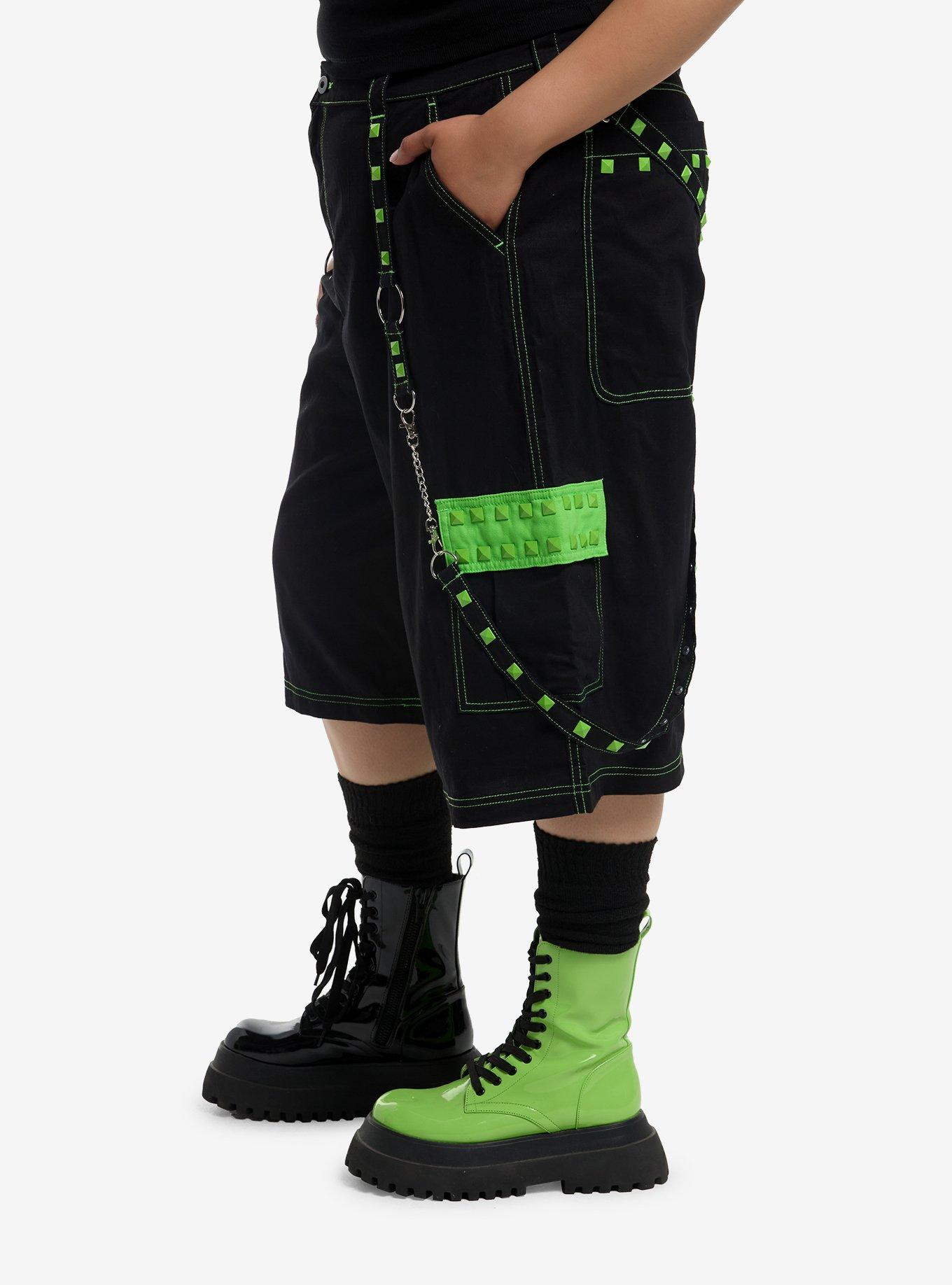 Black & Neon Green Studded Suspender Jorts Plus Size, MULTI, alternate