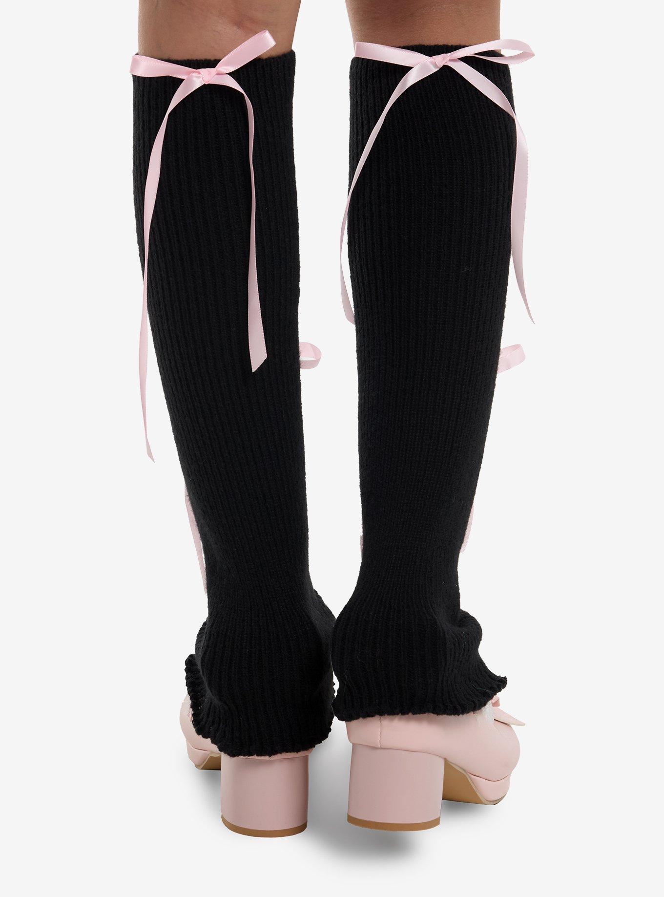 Black & Pink Lace-Up Leg Warmers, , hi-res