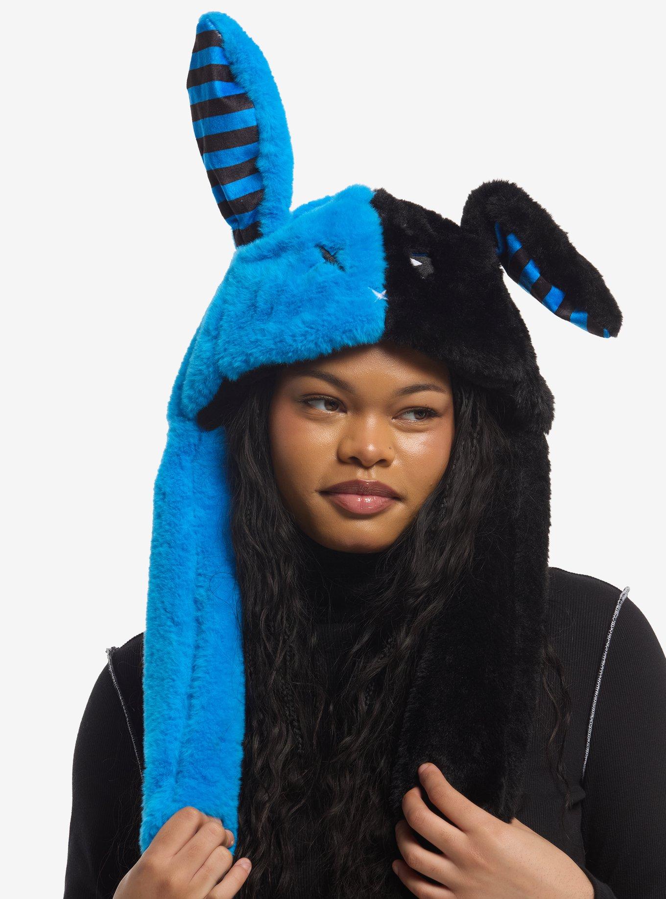 Black & Blue Bunny Tassel Beanie With Movable Ears, , hi-res