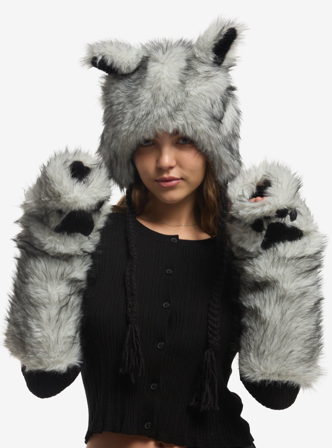 Grey Wolf Ears Fuzzy Tassel Beanie, , hi-res