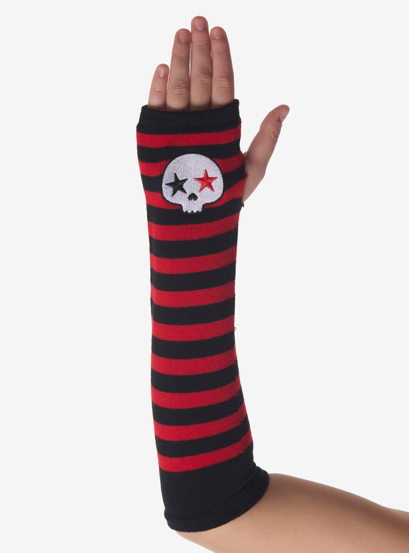 Red & Black Stripe Skull Arm Warmers, , hi-res