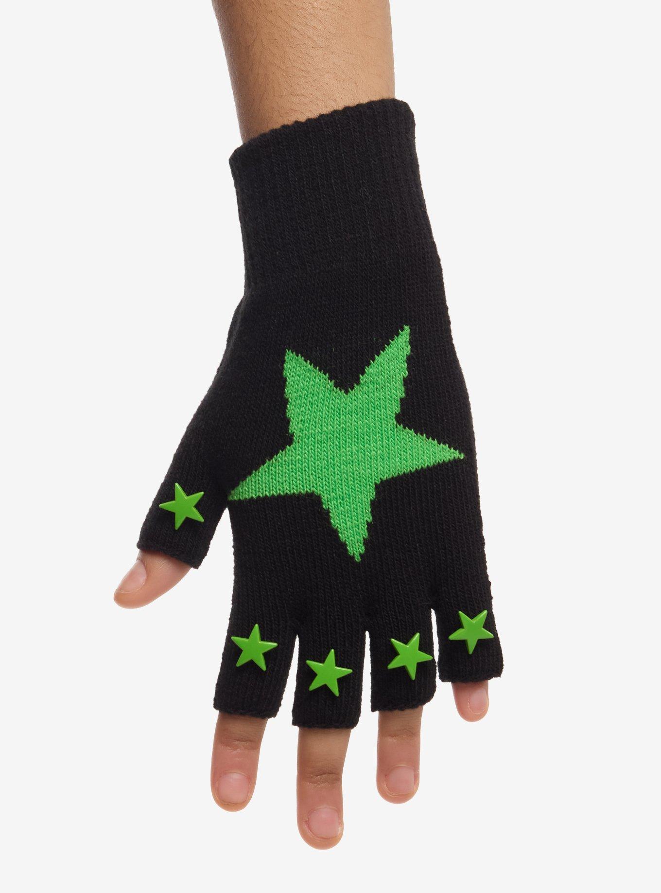 Black & Neon Green Star Fingerless Gloves, , hi-res