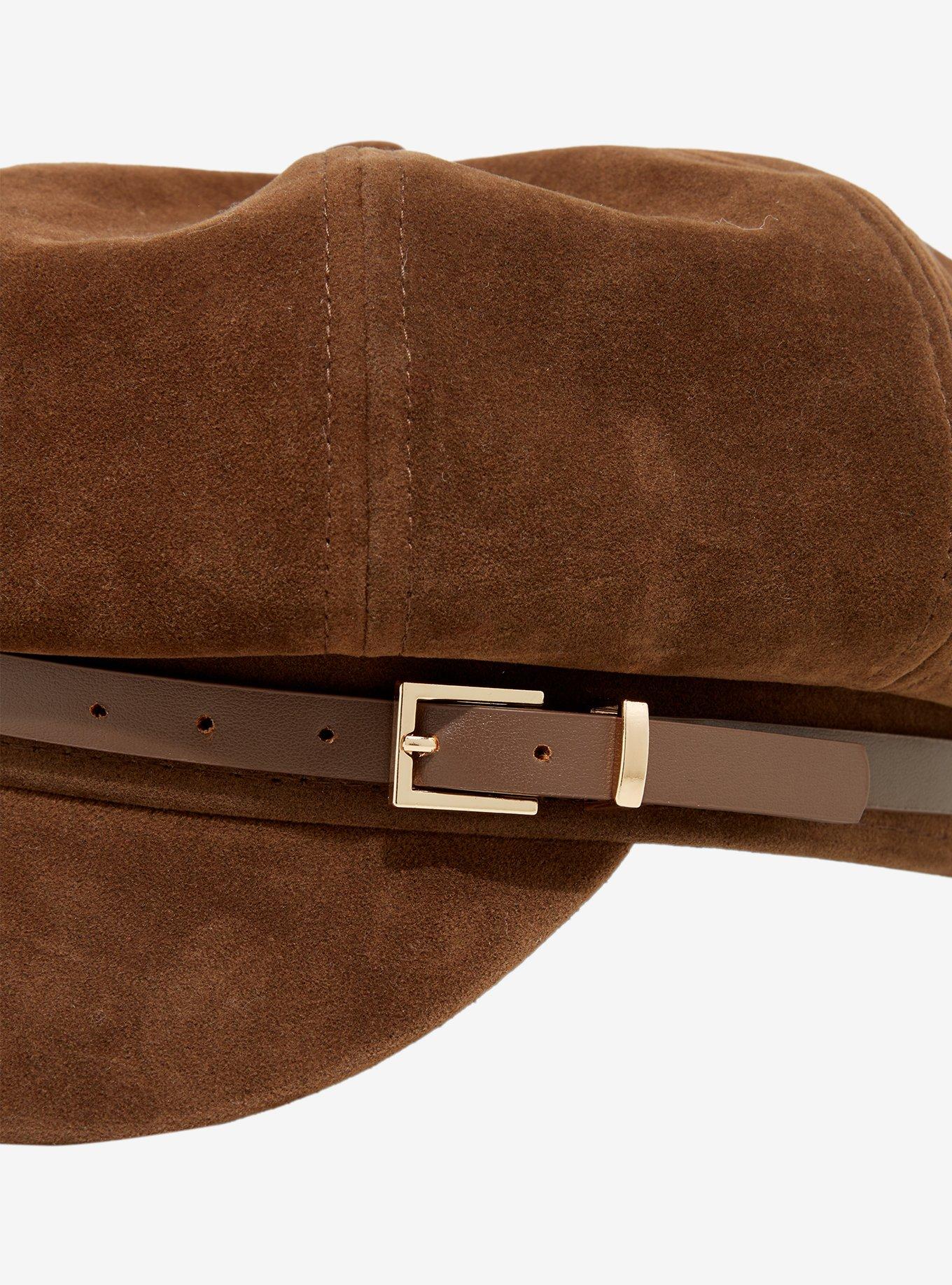 Brown Faux Leather Buckle Cabbie Hat, , alternate - view 4
