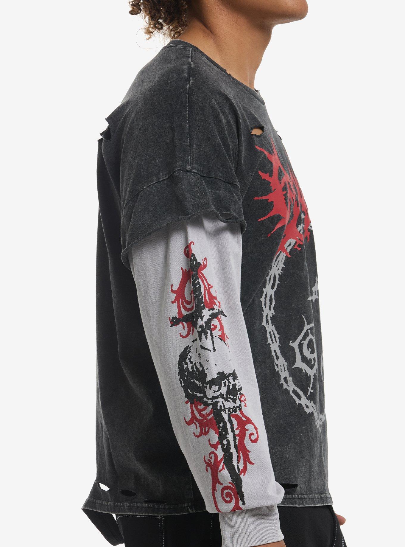 Destructed Cyber Skull Long-Sleeve Twofer, MULTI, alternate