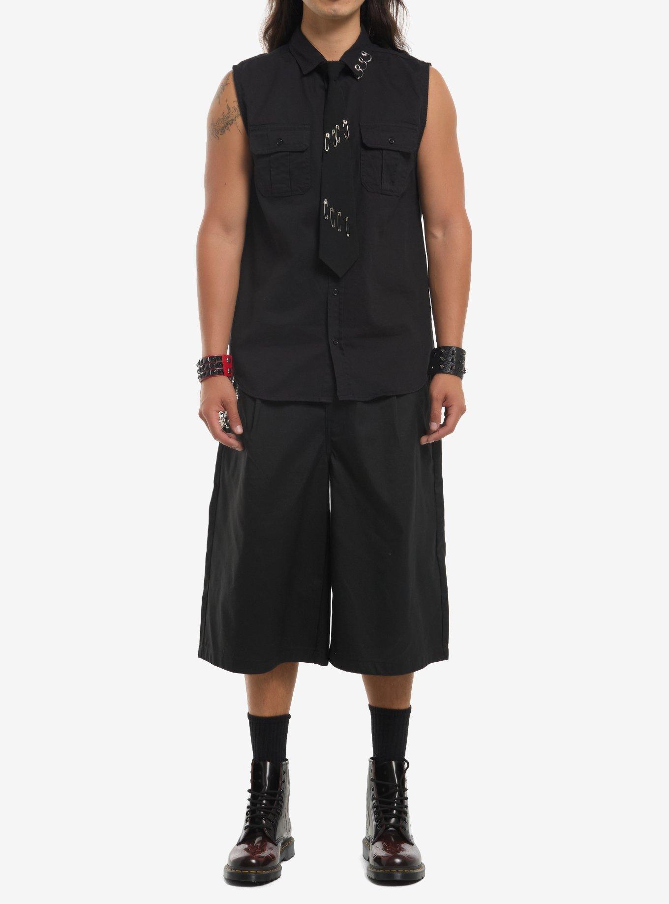 Black Pierced Sleeveless Woven Button-Up With Tie, , hi-res