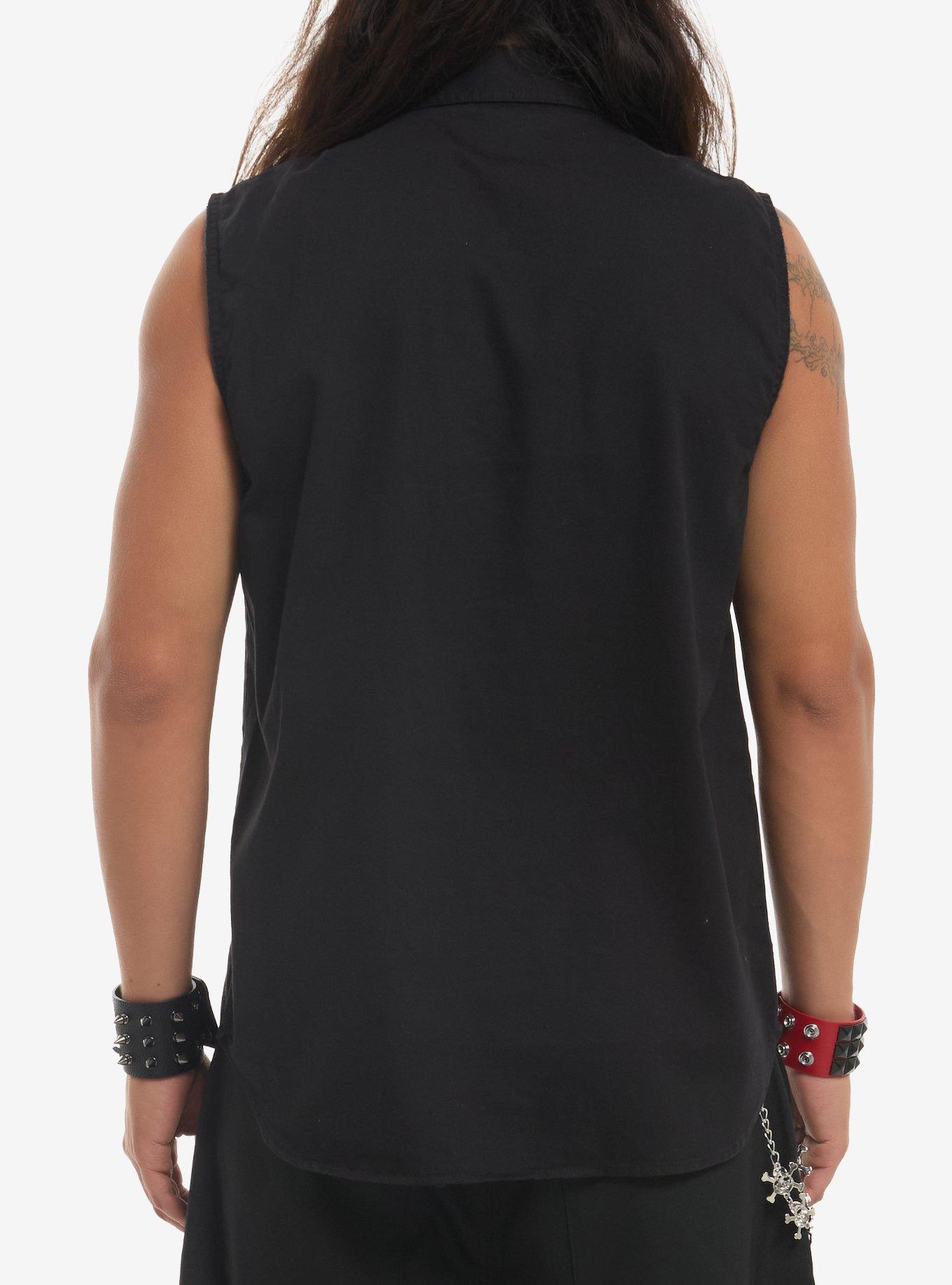 Black Pierced Sleeveless Woven Button-Up With Tie, BLACK, alternate