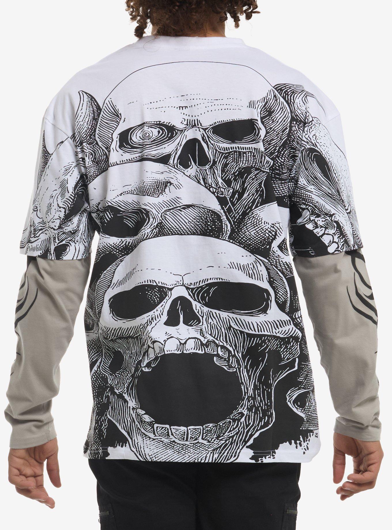 Tribal Skull White & Grey Twofer Long-Sleeve T-Shirt, , hi-res