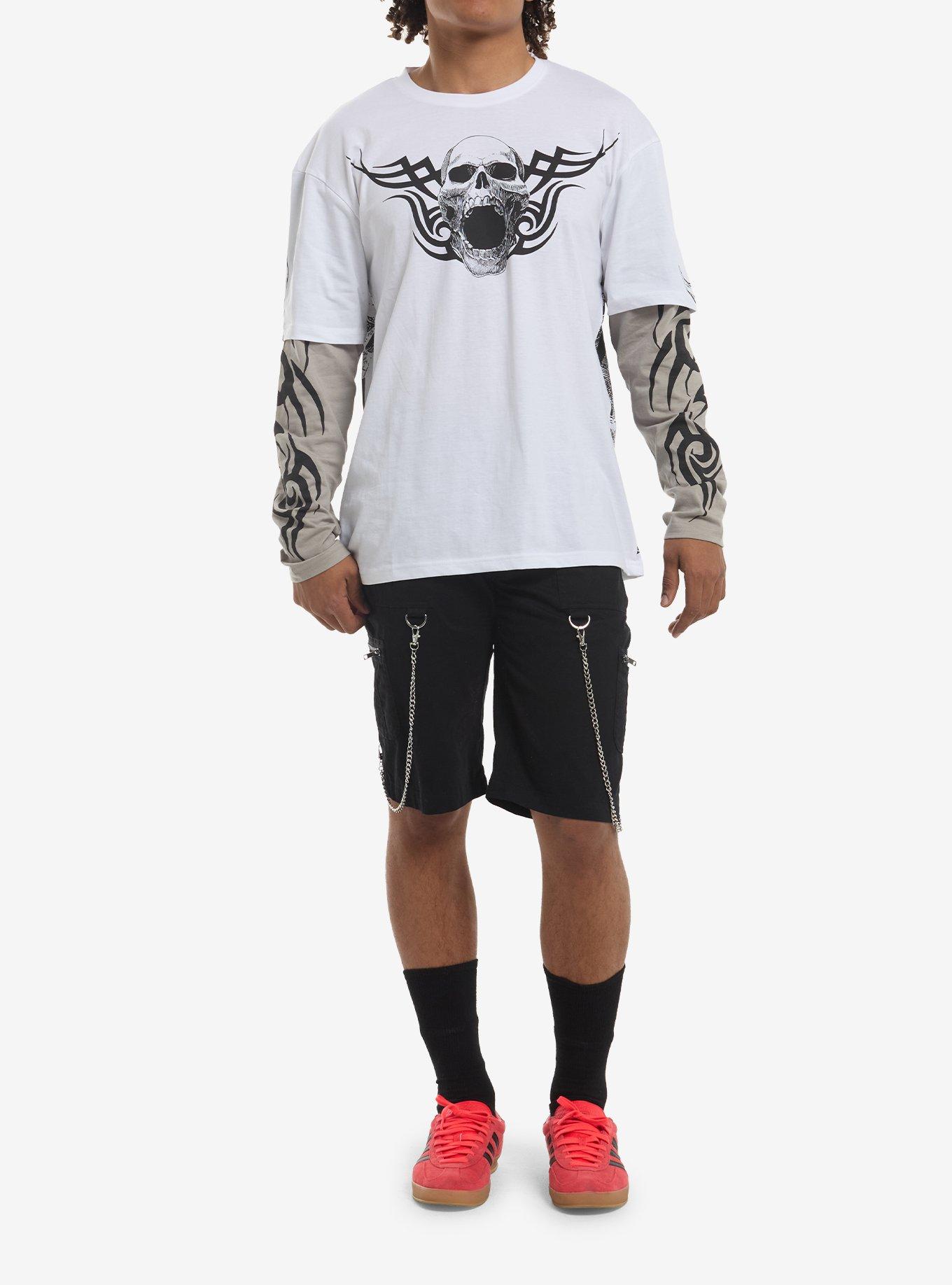 Tribal Skull White & Grey Twofer Long-Sleeve T-Shirt, GREY, alternate