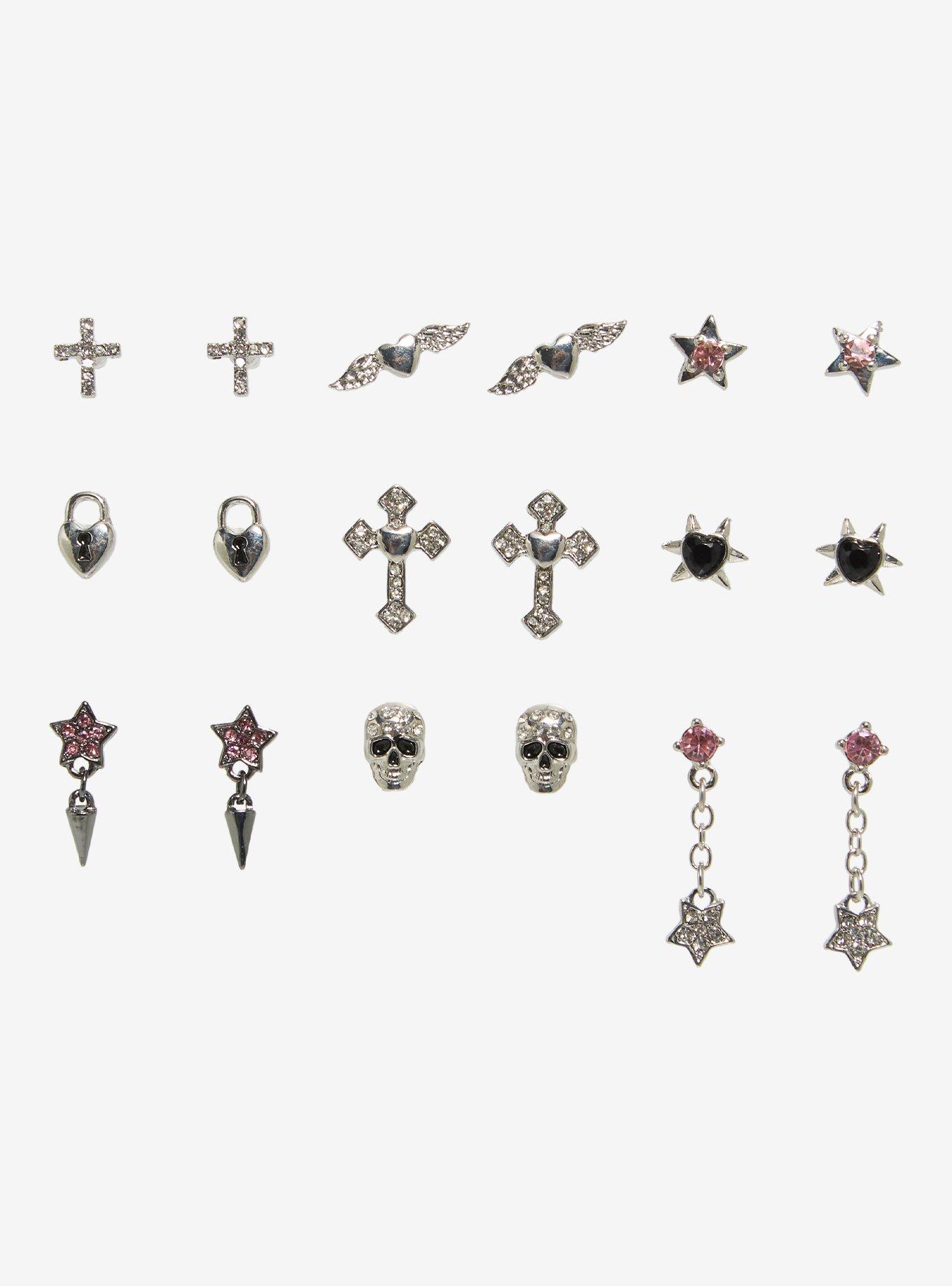 Cross Winged Heart Star Rhinestone Stud Earring Set, , hi-res