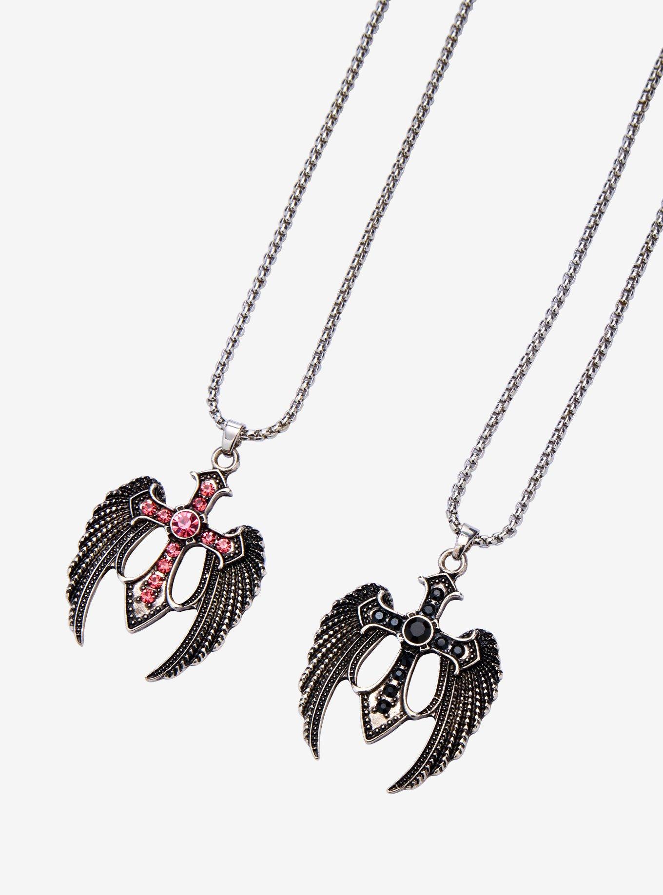 Winged Rhinestone Cross Best Friend Necklace Set, , alternate